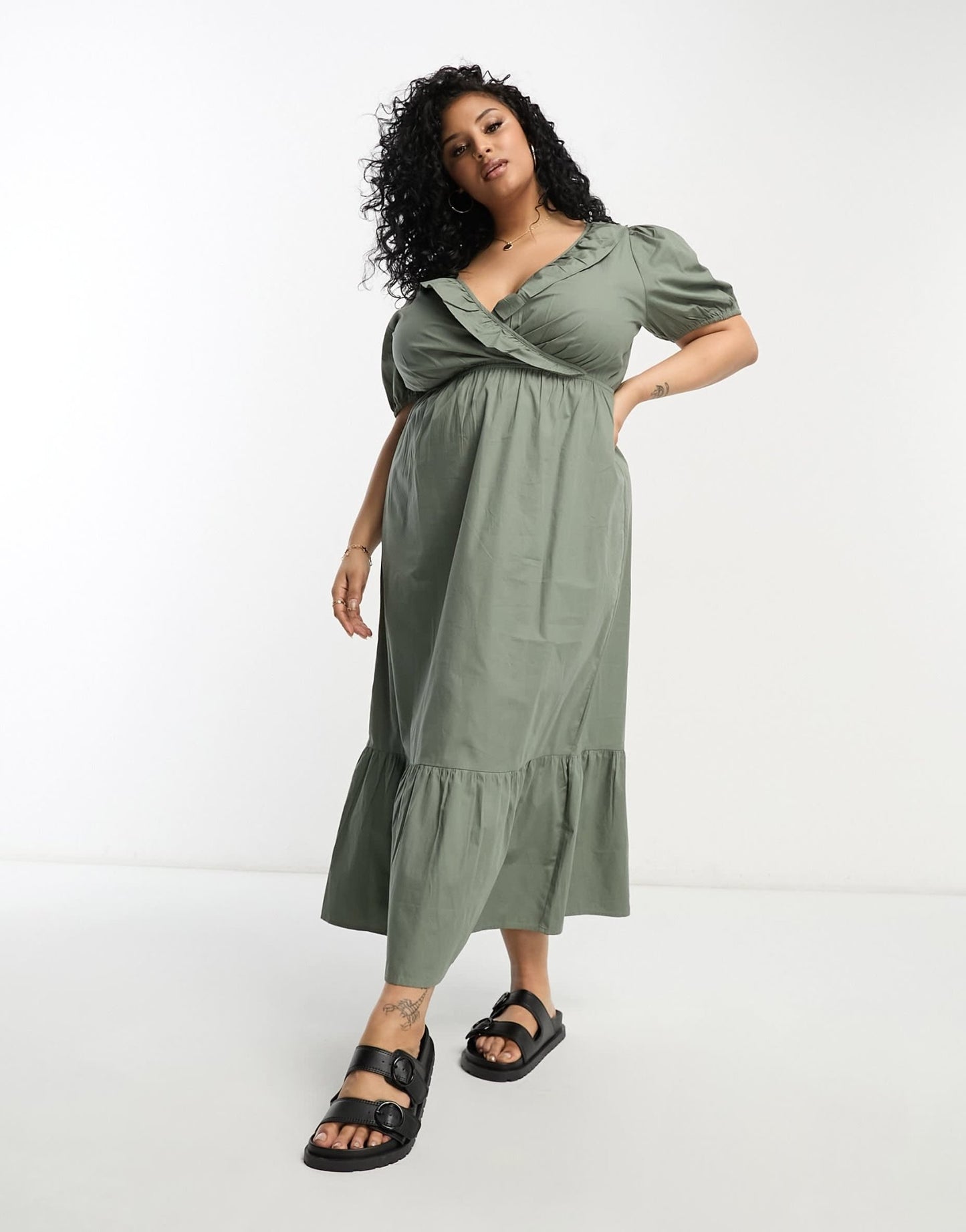 River Island Plus frill front poplin midi dress in khaki - ASOS Sample Sale