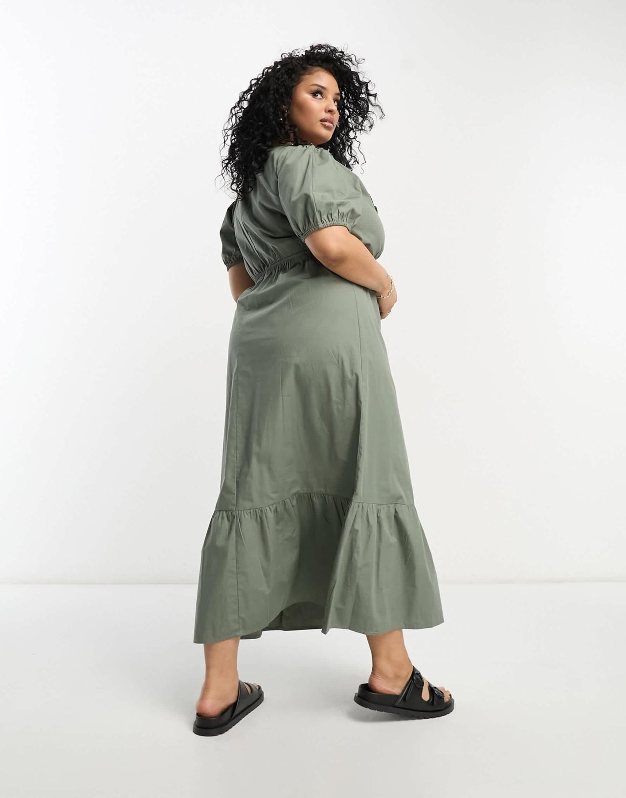 River Island Plus frill front poplin midi dress in khaki - ASOS Sample Sale