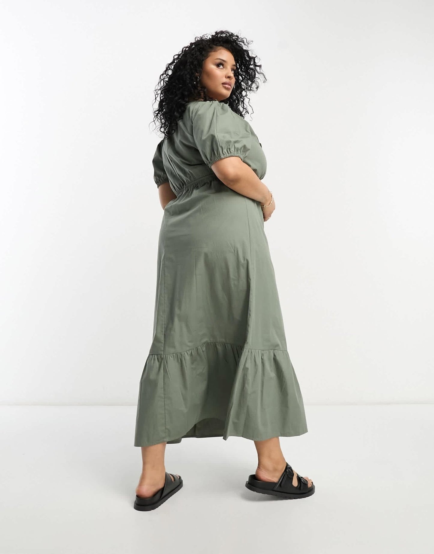 River Island Plus frill front poplin midi dress in khaki - ASOS Sample Sale