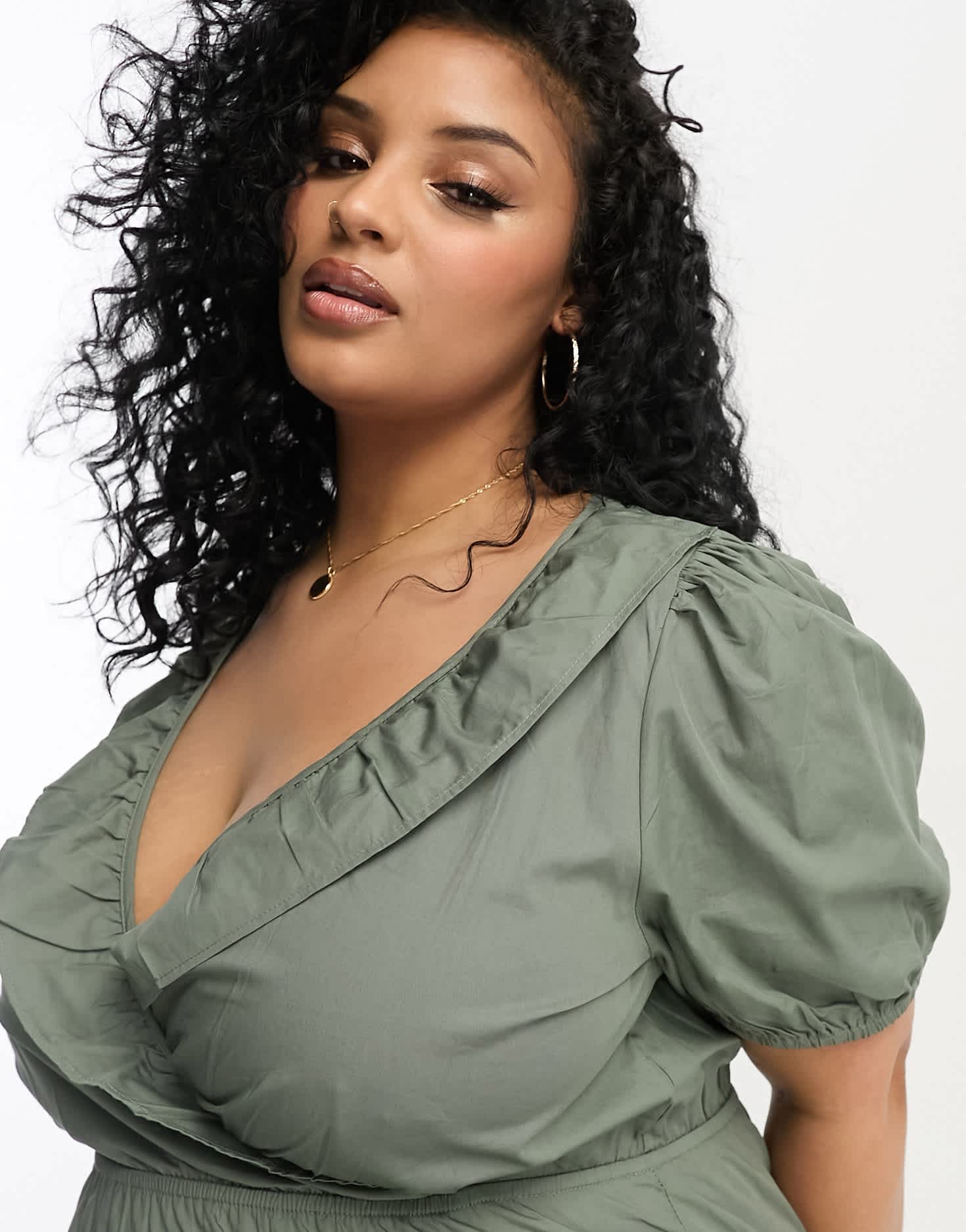 River Island Plus frill front poplin midi dress in khaki - ASOS Sample Sale