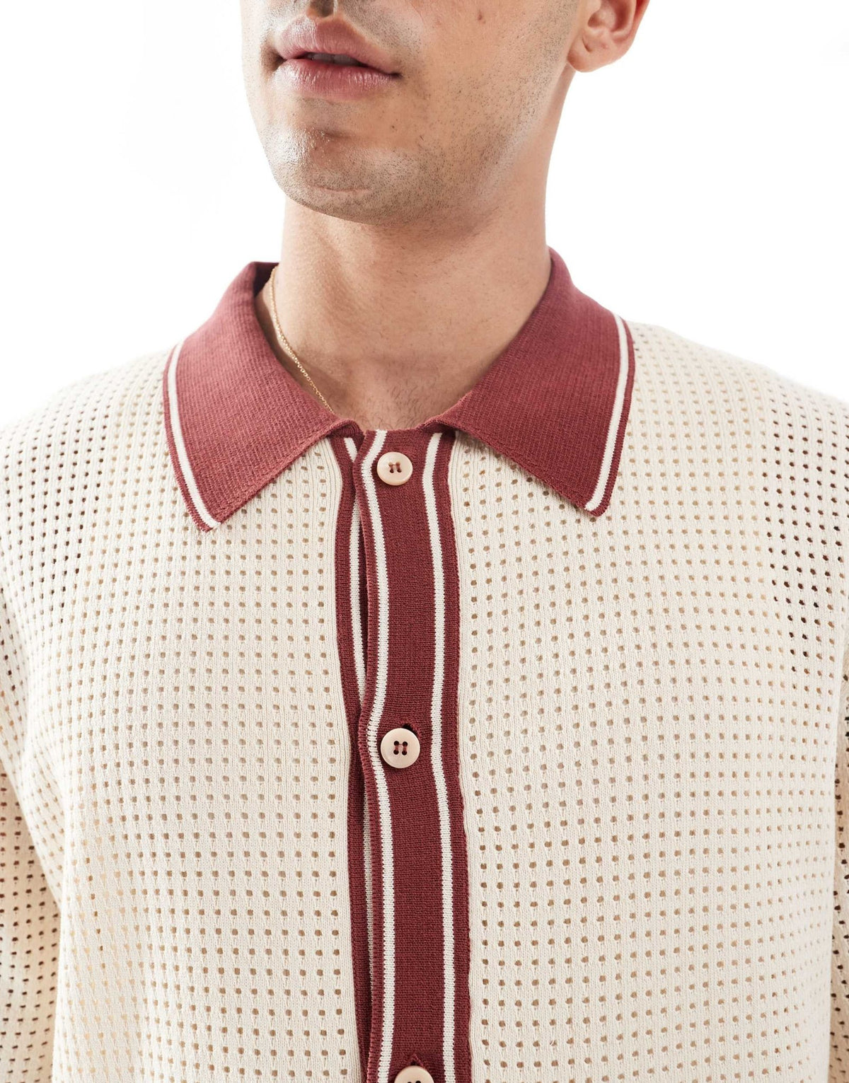 River Island pointelle shirt in ecru and brown - ASOS Sample Sale