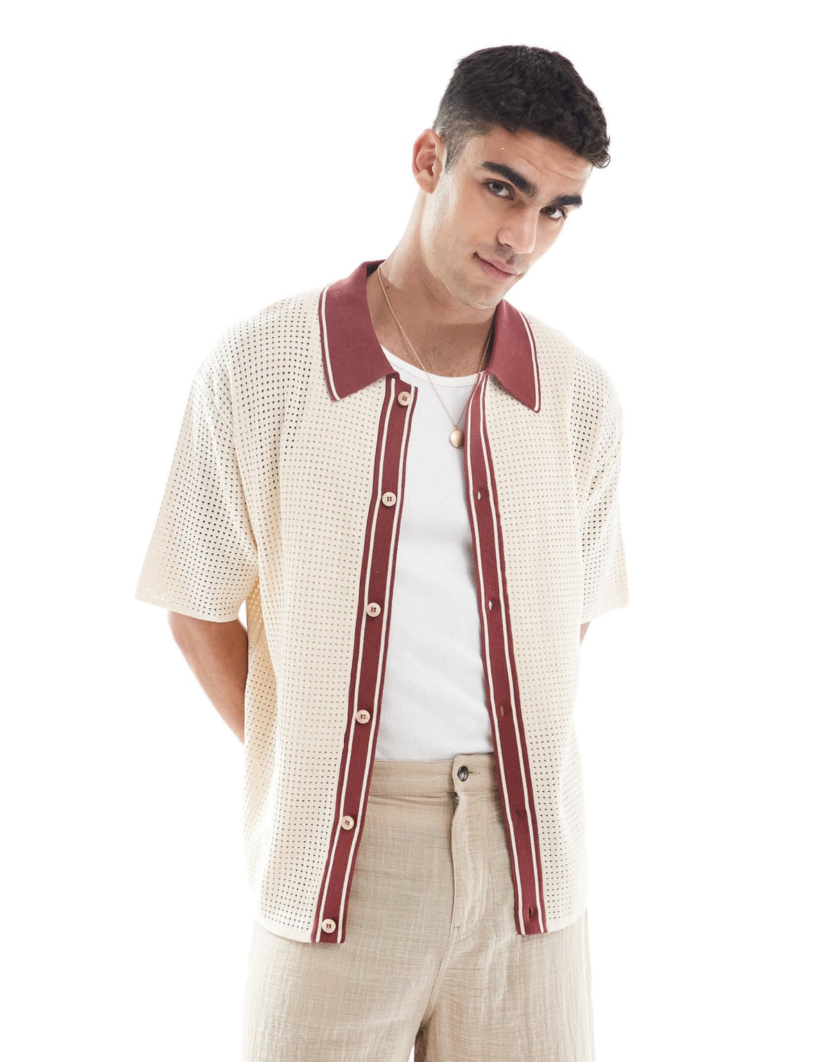 River Island pointelle shirt in ecru and brown - ASOS Sample Sale