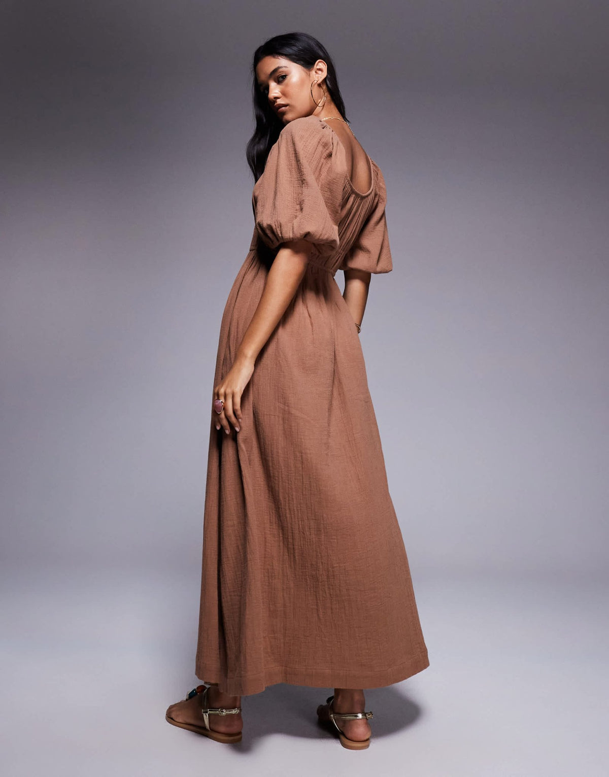 River Island puff sleeve linen look midi dress in stone - ASOS Sample Sale