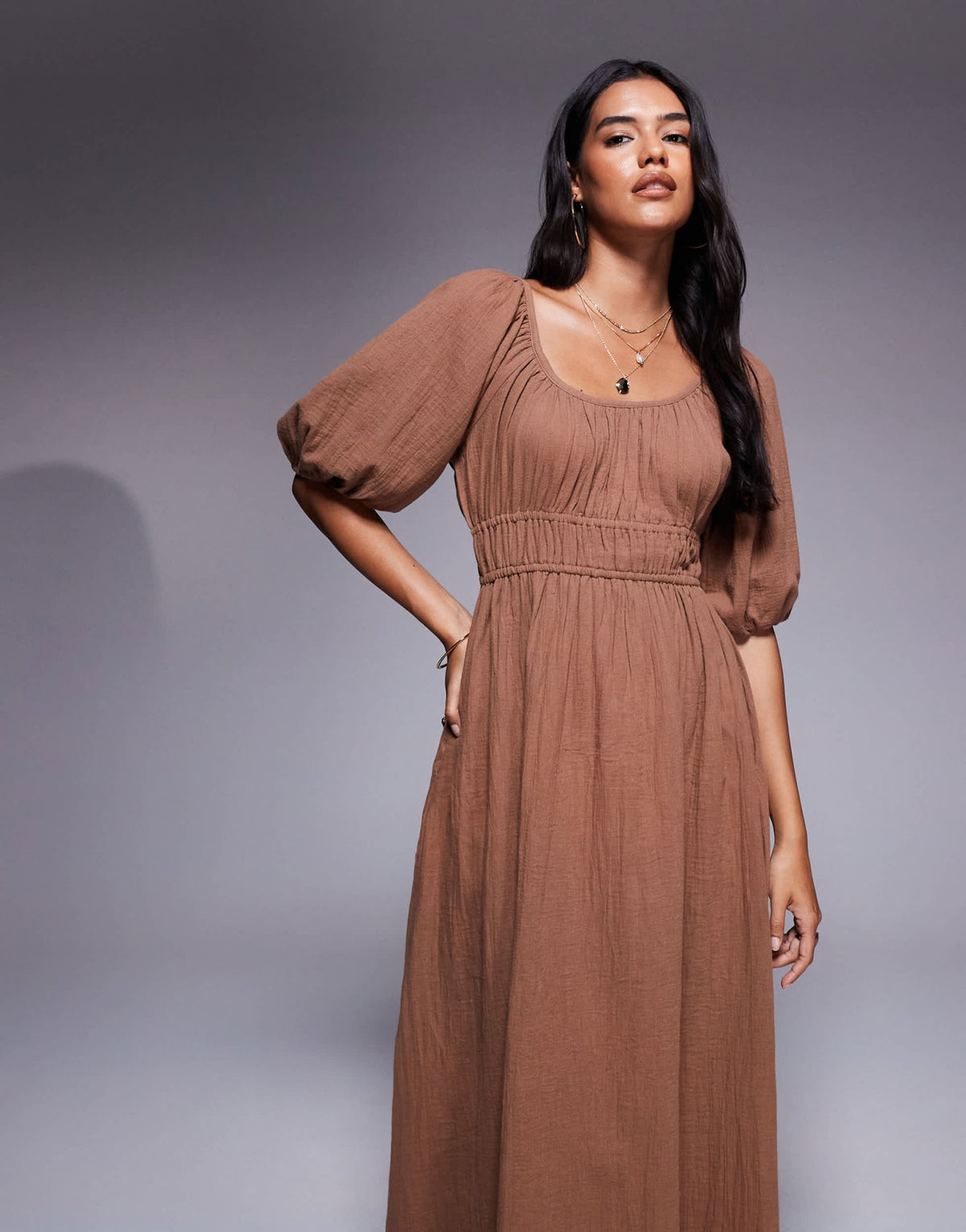 River Island puff sleeve linen look midi dress in stone - ASOS Sample Sale
