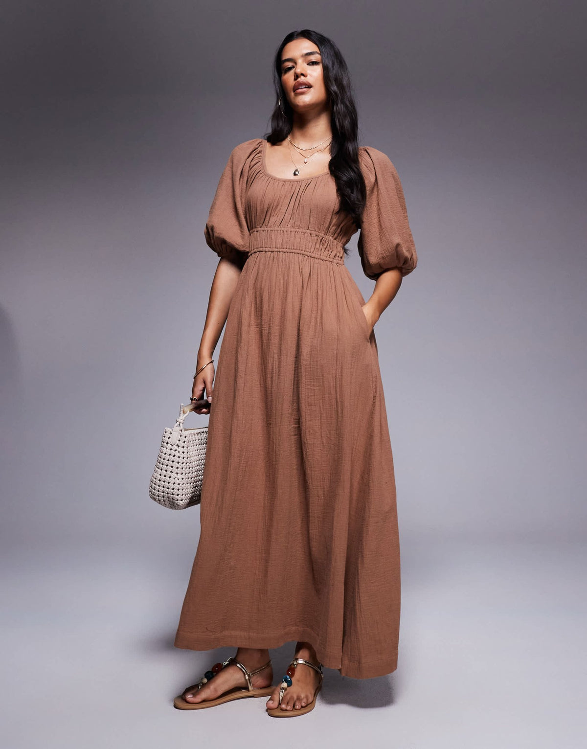 River Island puff sleeve linen look midi dress in stone - ASOS Sample Sale