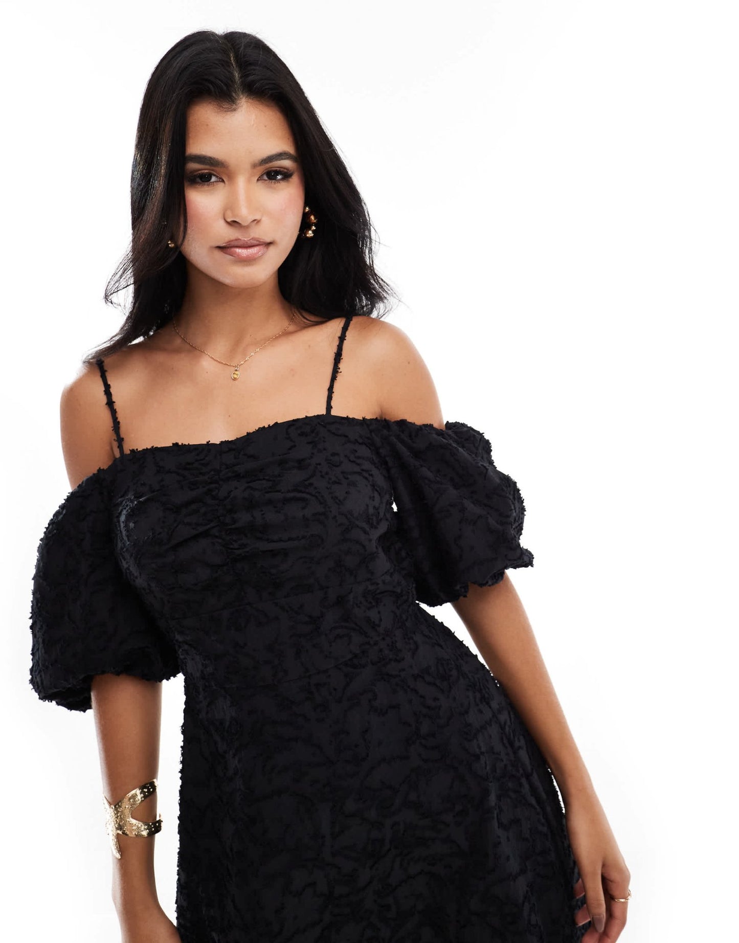 River Island puff sleeve midi dress in black - ASOS Sample Sale