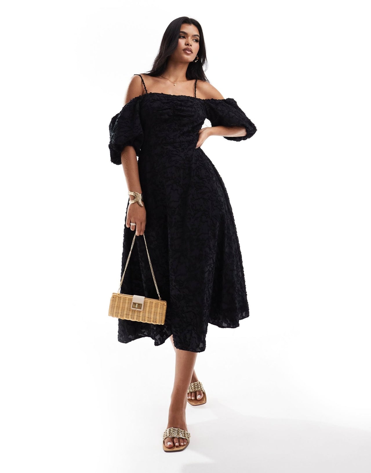 River Island puff sleeve midi dress in black - ASOS Sample Sale