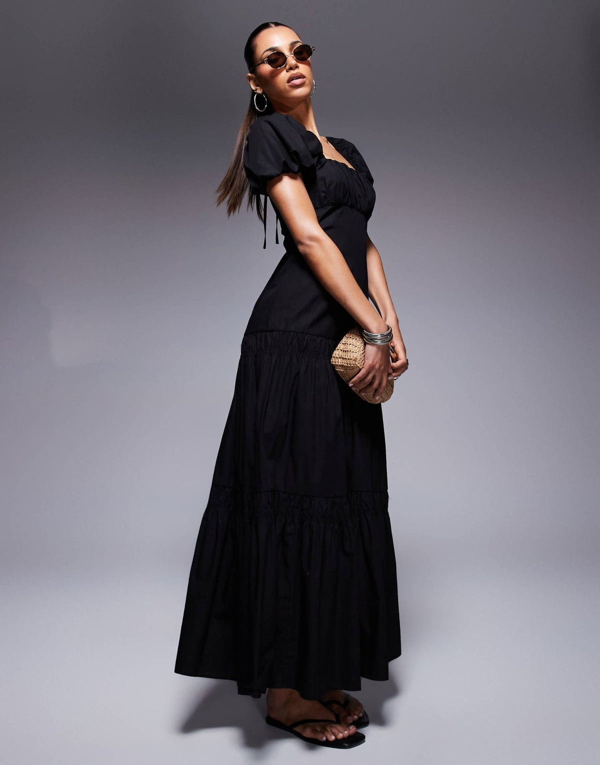 River Island puff sleeve milkmaid midi dress in black - ASOS Sample Sale