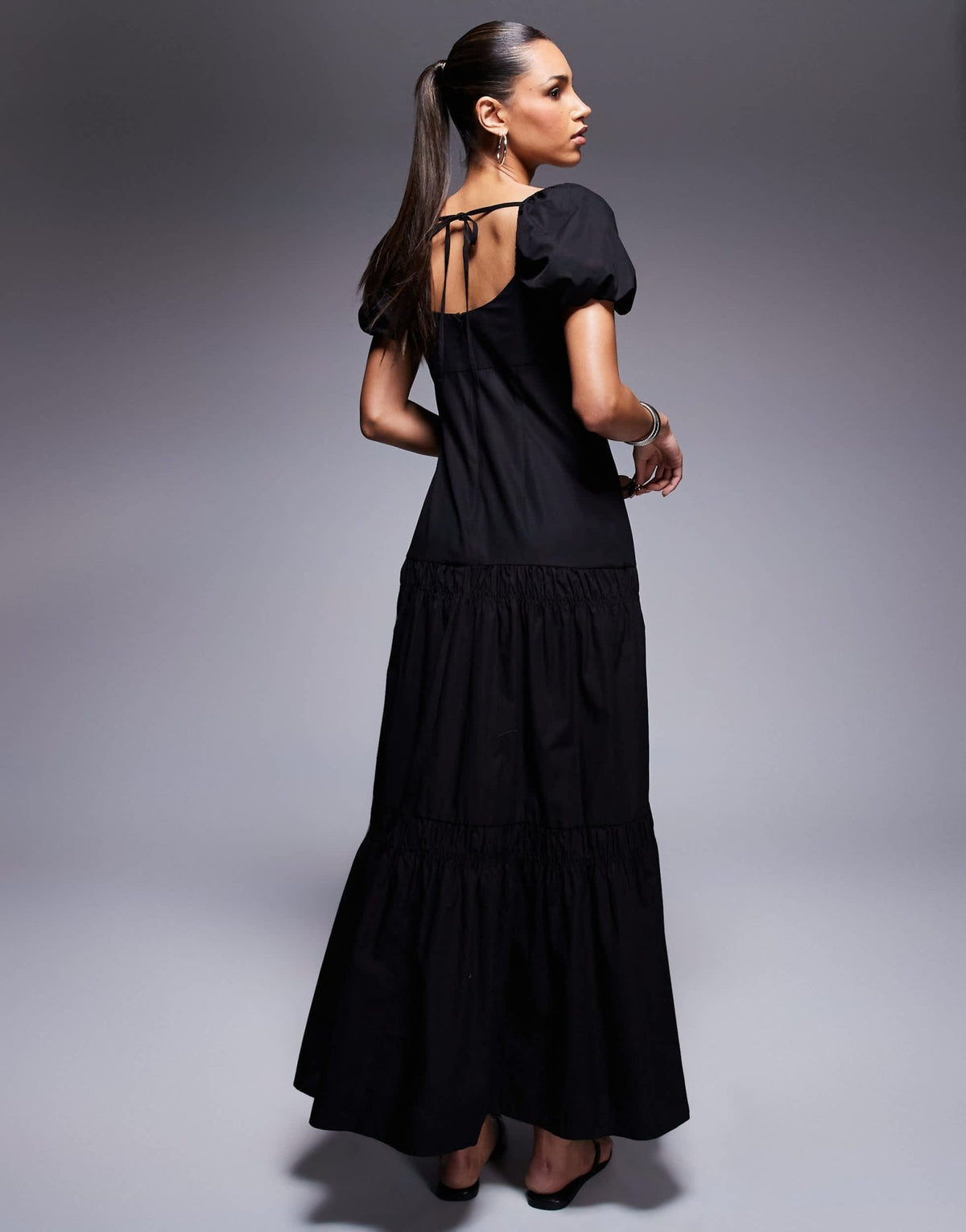 River Island puff sleeve milkmaid midi dress in black - ASOS Sample Sale