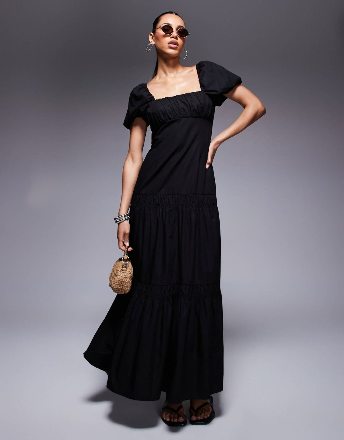 River Island puff sleeve milkmaid midi dress in black - ASOS Sample Sale
