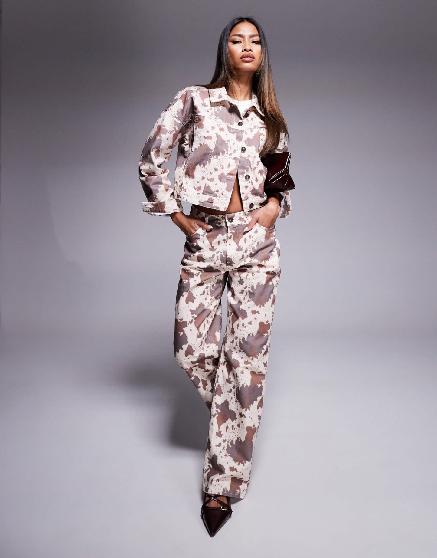 River Island relaxed straight jean co - ord in cow print - ASOS Sample Sale