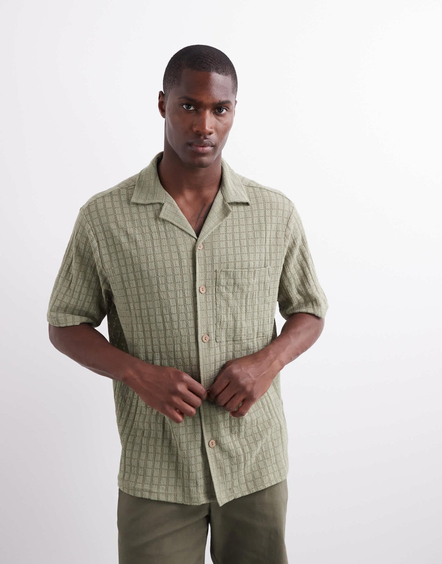 River Island revere collar textured shirt in khaki - ASOS Sample Sale