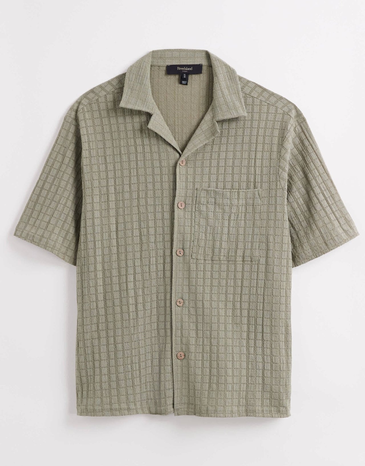 River Island revere collar textured shirt in khaki - ASOS Sample Sale