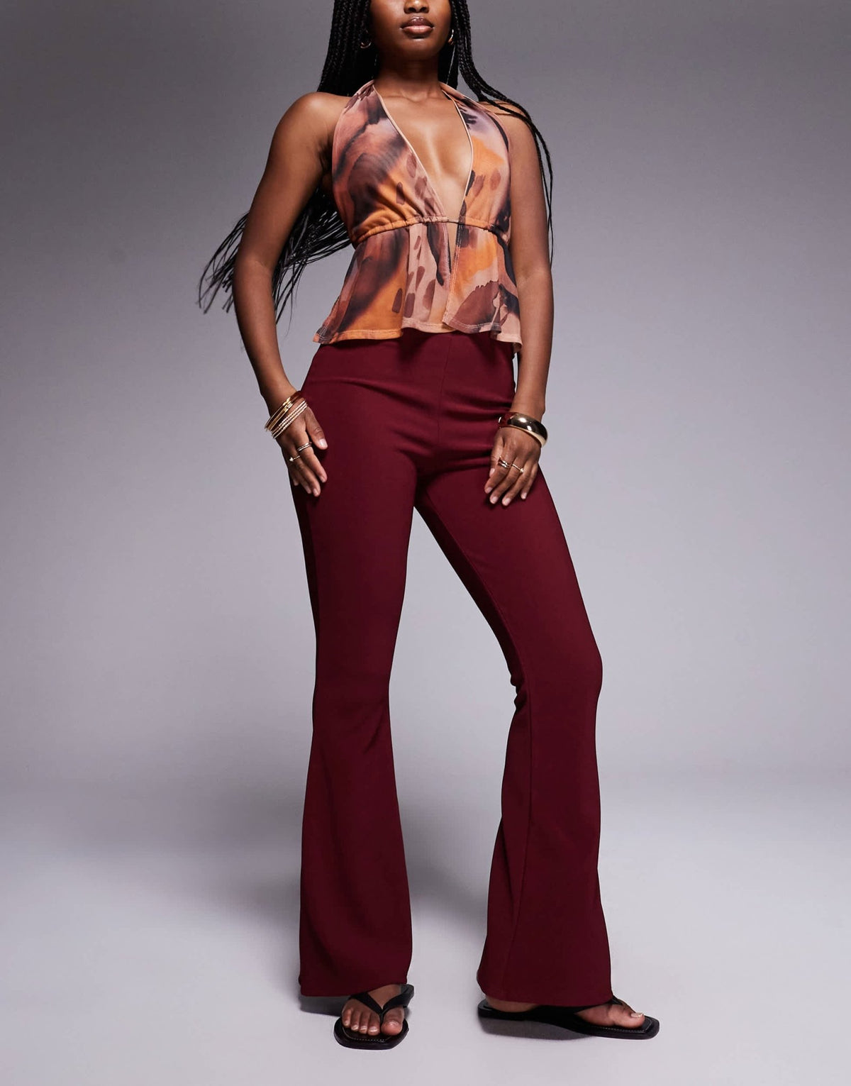 River Island ribbed flare trousers in burgundy - ASOS Sample Sale