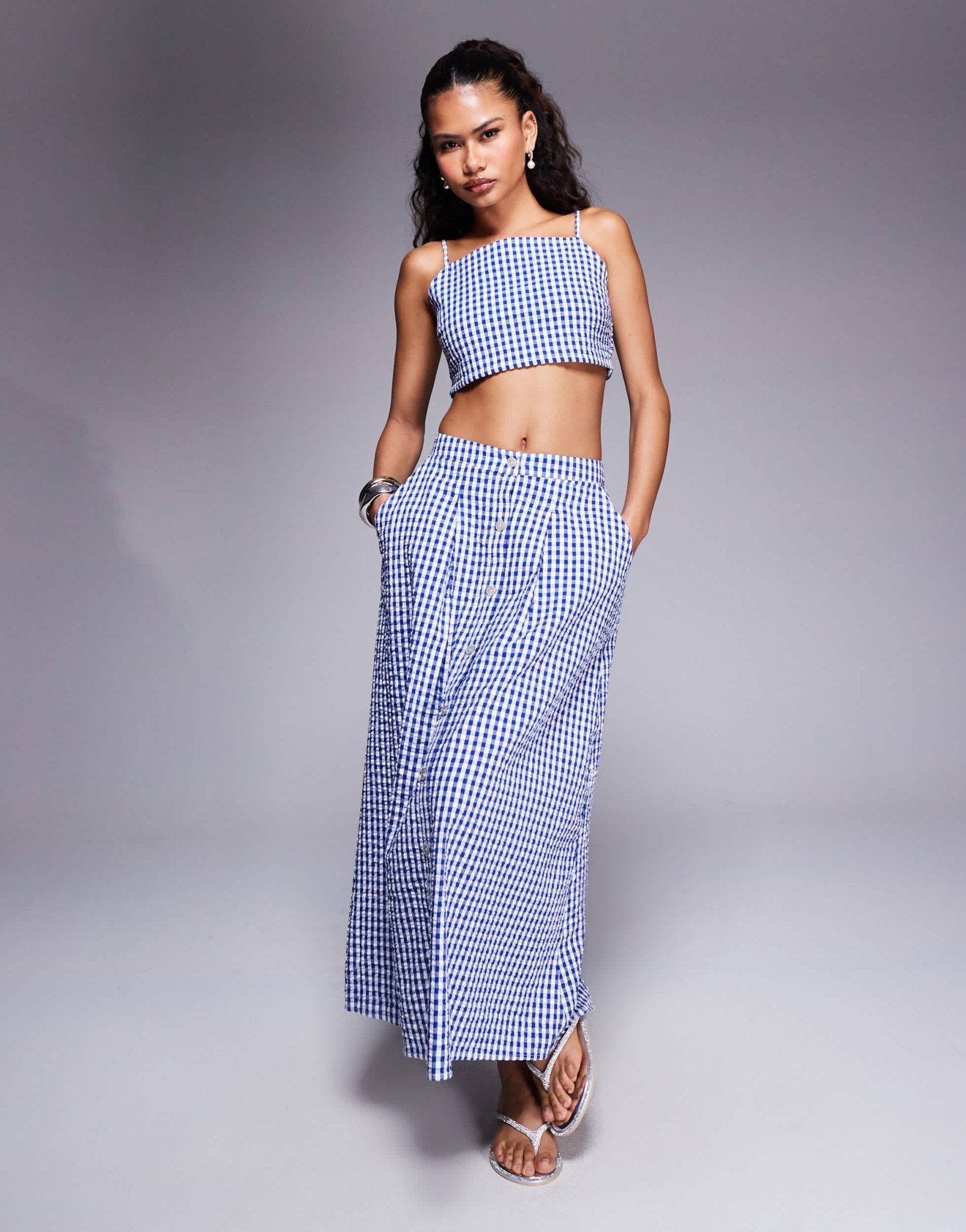 River Island ruched gingham bralet top co-ord in blue - ASOS Sample Sale