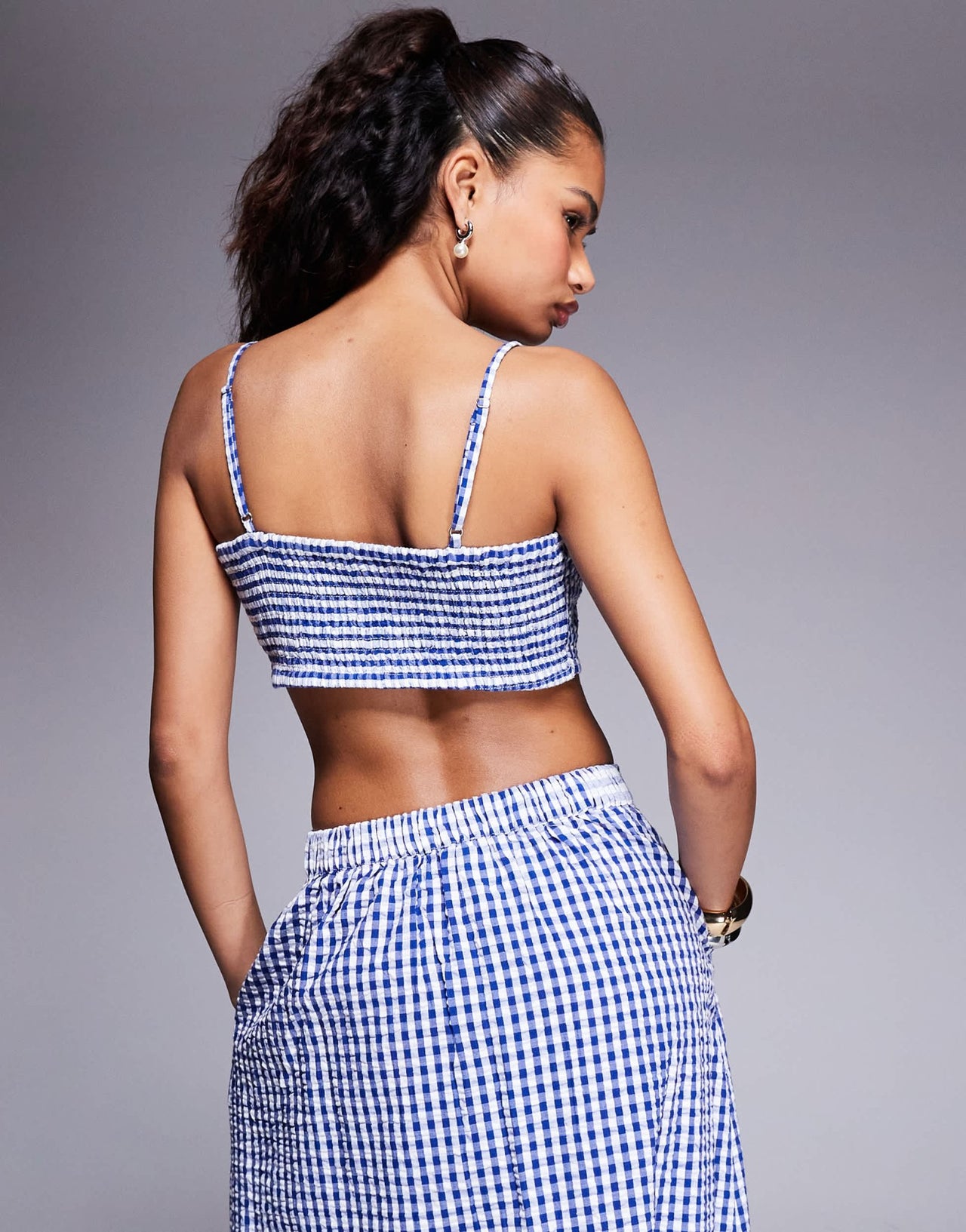 River Island ruched gingham bralet top co-ord in blue - ASOS Sample Sale