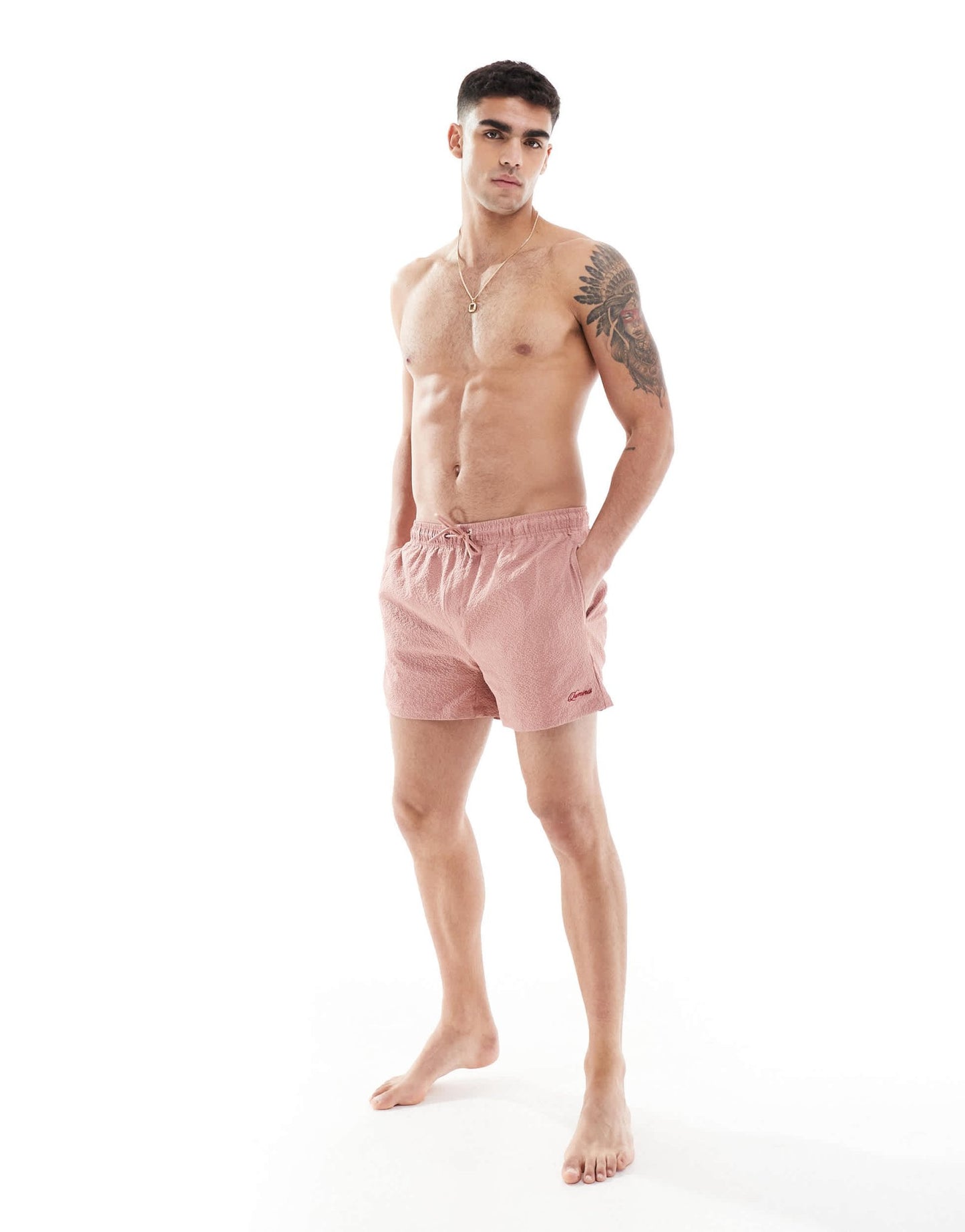 River Island seersucker swim trunks in pink - ASOS Sample Sale