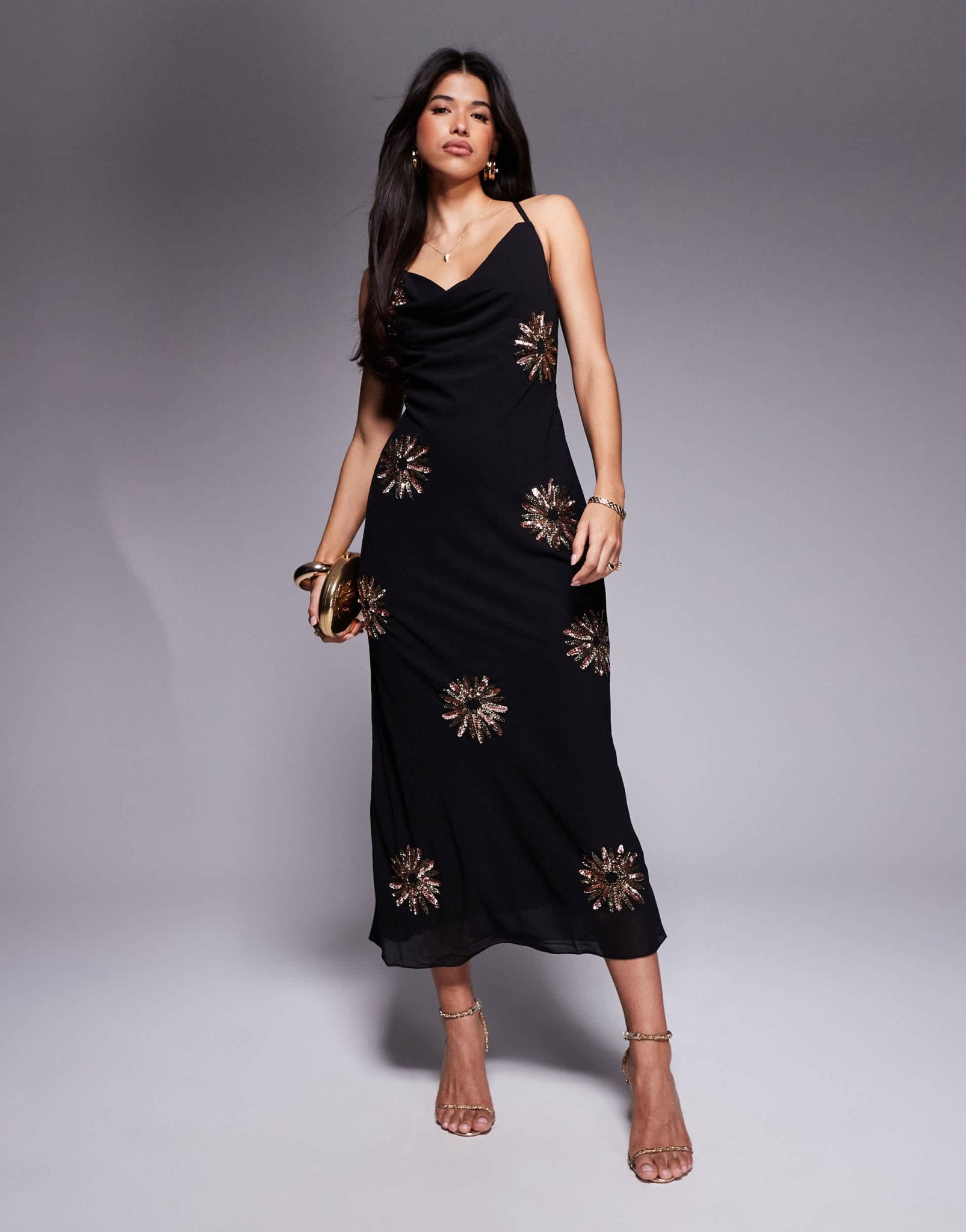 River Island sequin cowl neck maxi dress in black - ASOS Sample Sale