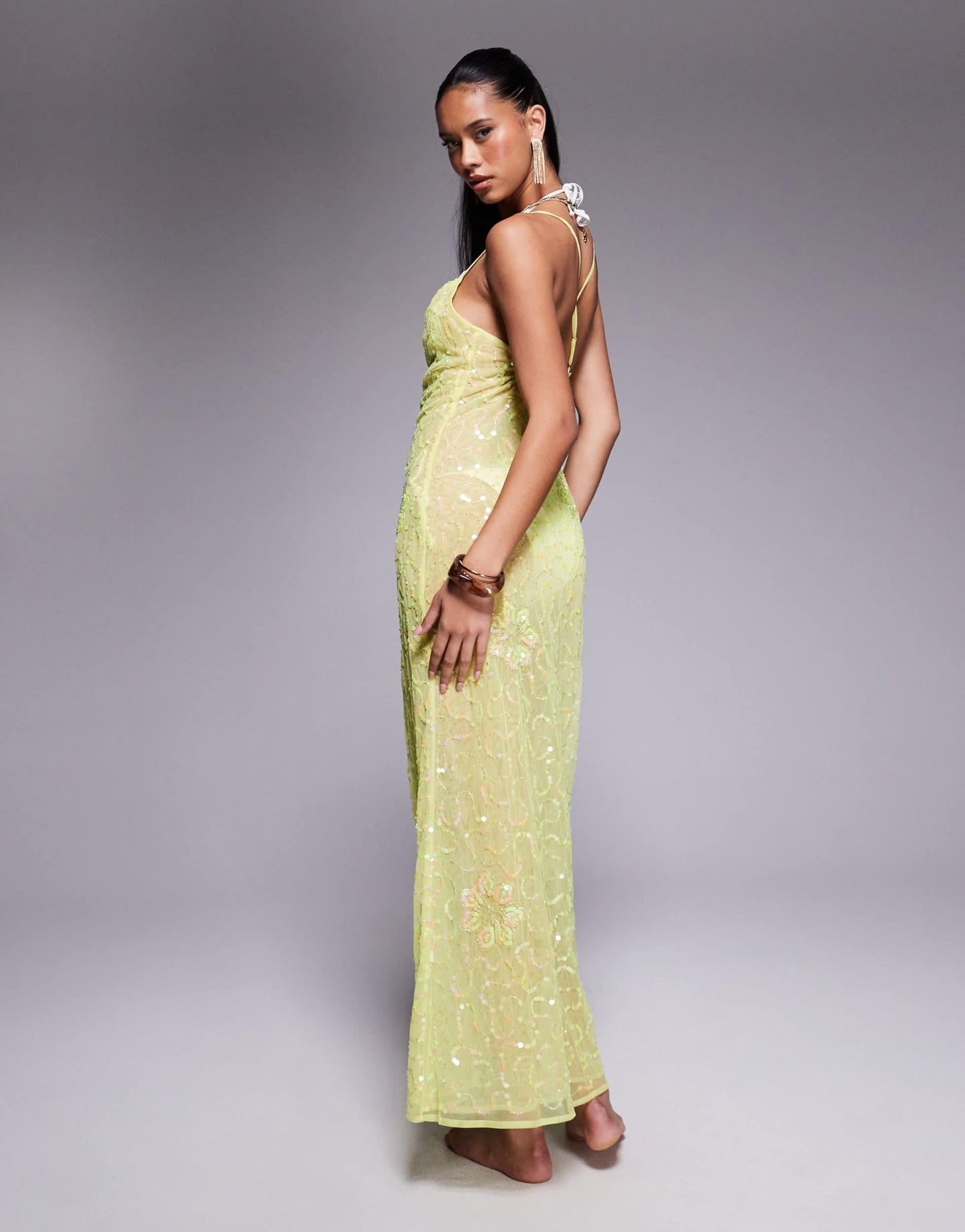 River Island sequin cowl neck maxi dress in lime - ASOS Sample Sale