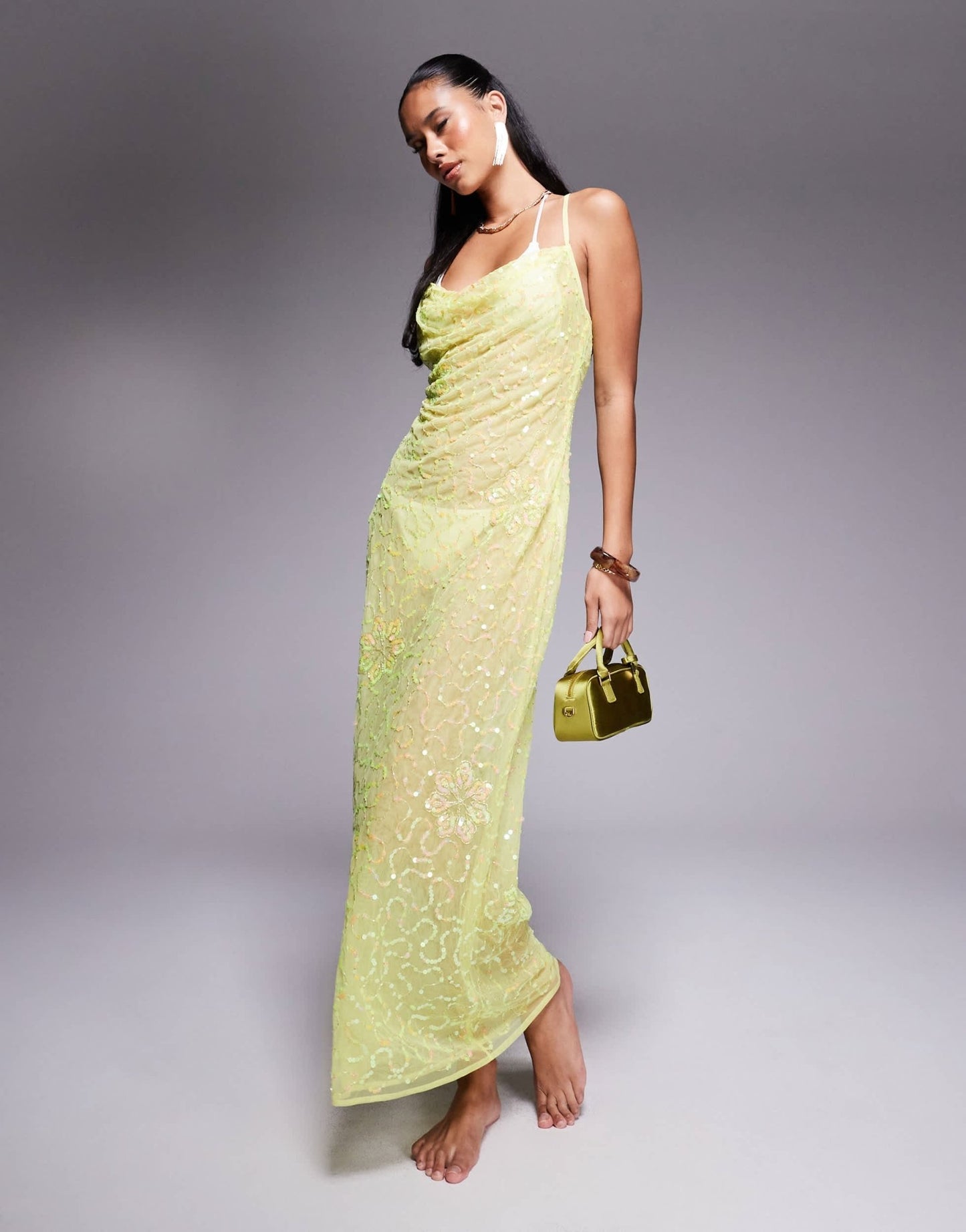 River Island sequin cowl neck maxi dress in lime - ASOS Sample Sale