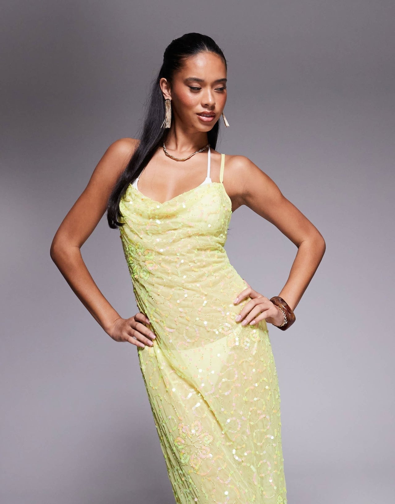 River Island sequin cowl neck maxi dress in lime - ASOS Sample Sale