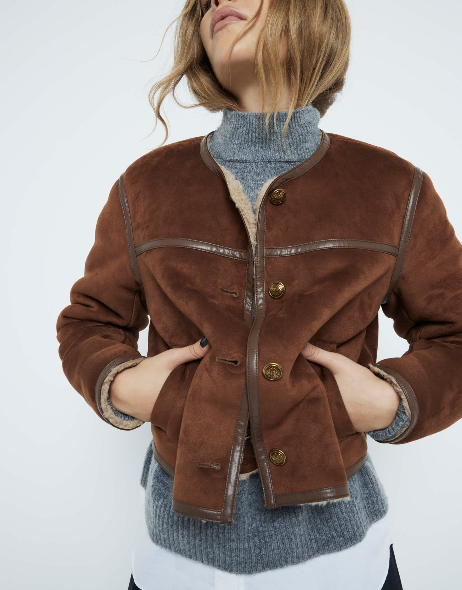 River Island shearling trophy jacket in brown - ASOS Sample Sale