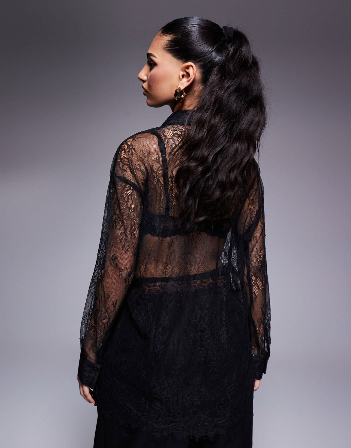 River Island sheer lace shirt in black - ASOS Sample Sale