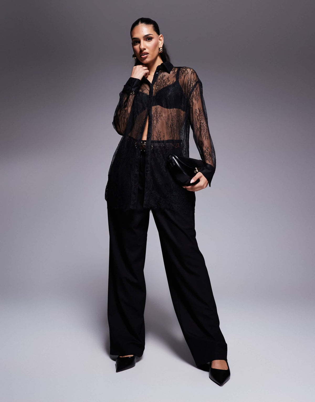 River Island sheer lace shirt in black - ASOS Sample Sale