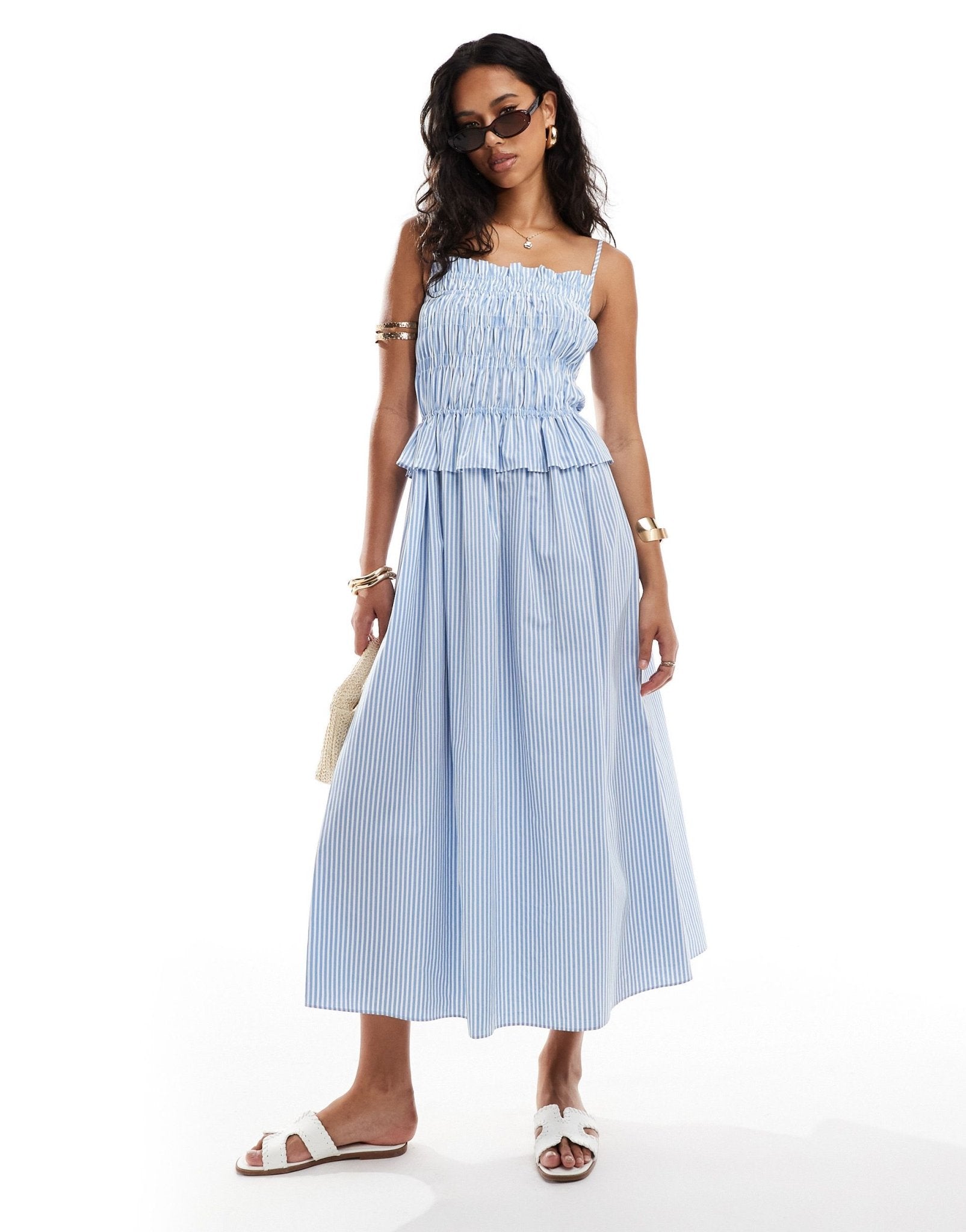 River Island shirred midi dress in blue - ASOS Sample Sale