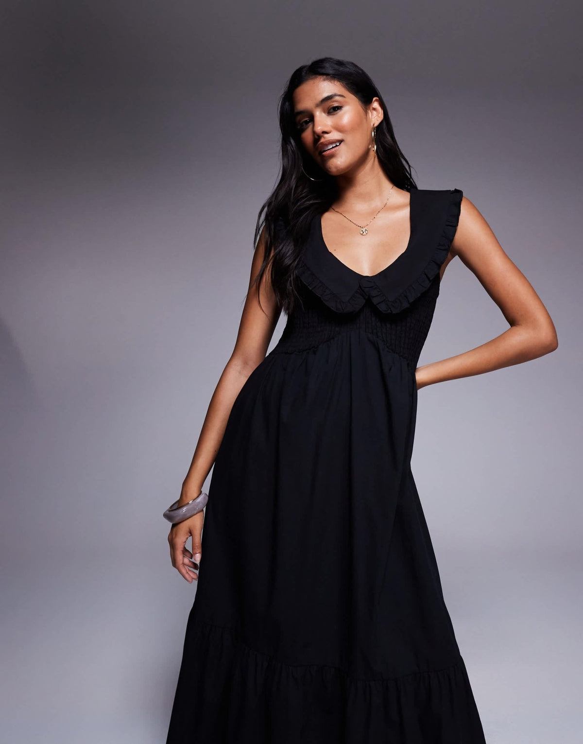 River Island shirred ruffle midi dress in black - ASOS Sample Sale