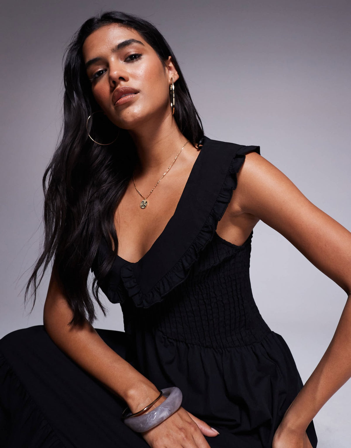 River Island shirred ruffle midi dress in black - ASOS Sample Sale