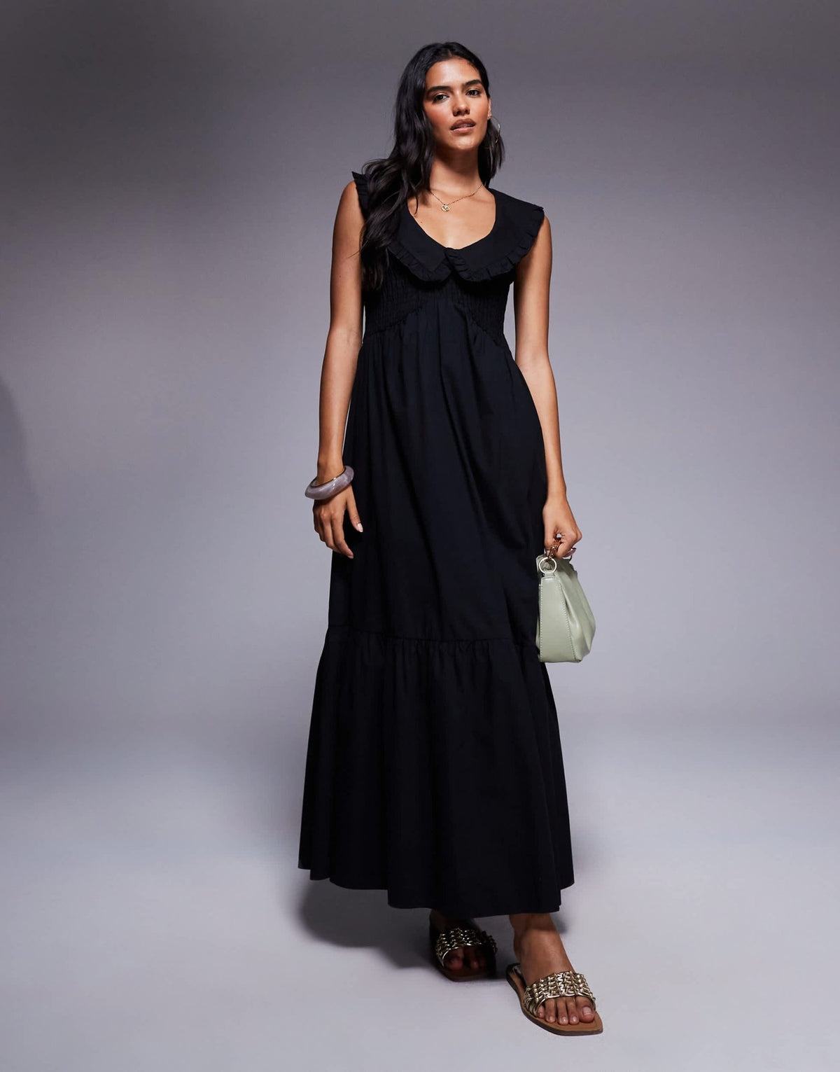River Island shirred ruffle midi dress in black - ASOS Sample Sale