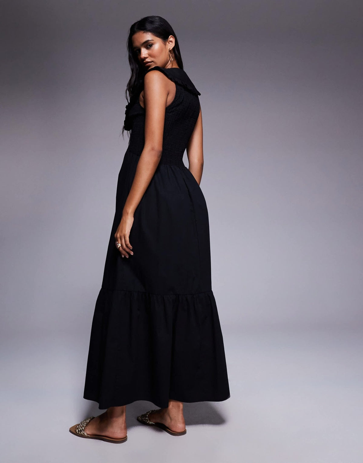 River Island shirred ruffle midi dress in black - ASOS Sample Sale