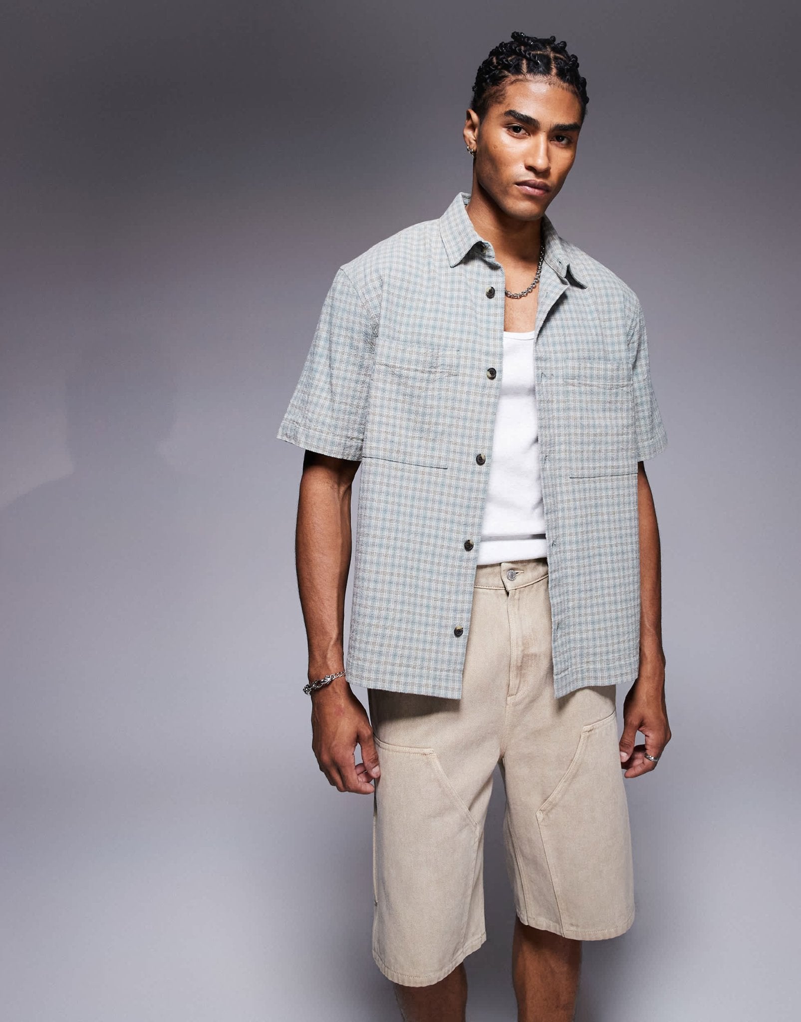 River Island short sleeve over shirt in muted check - ASOS Sample Sale