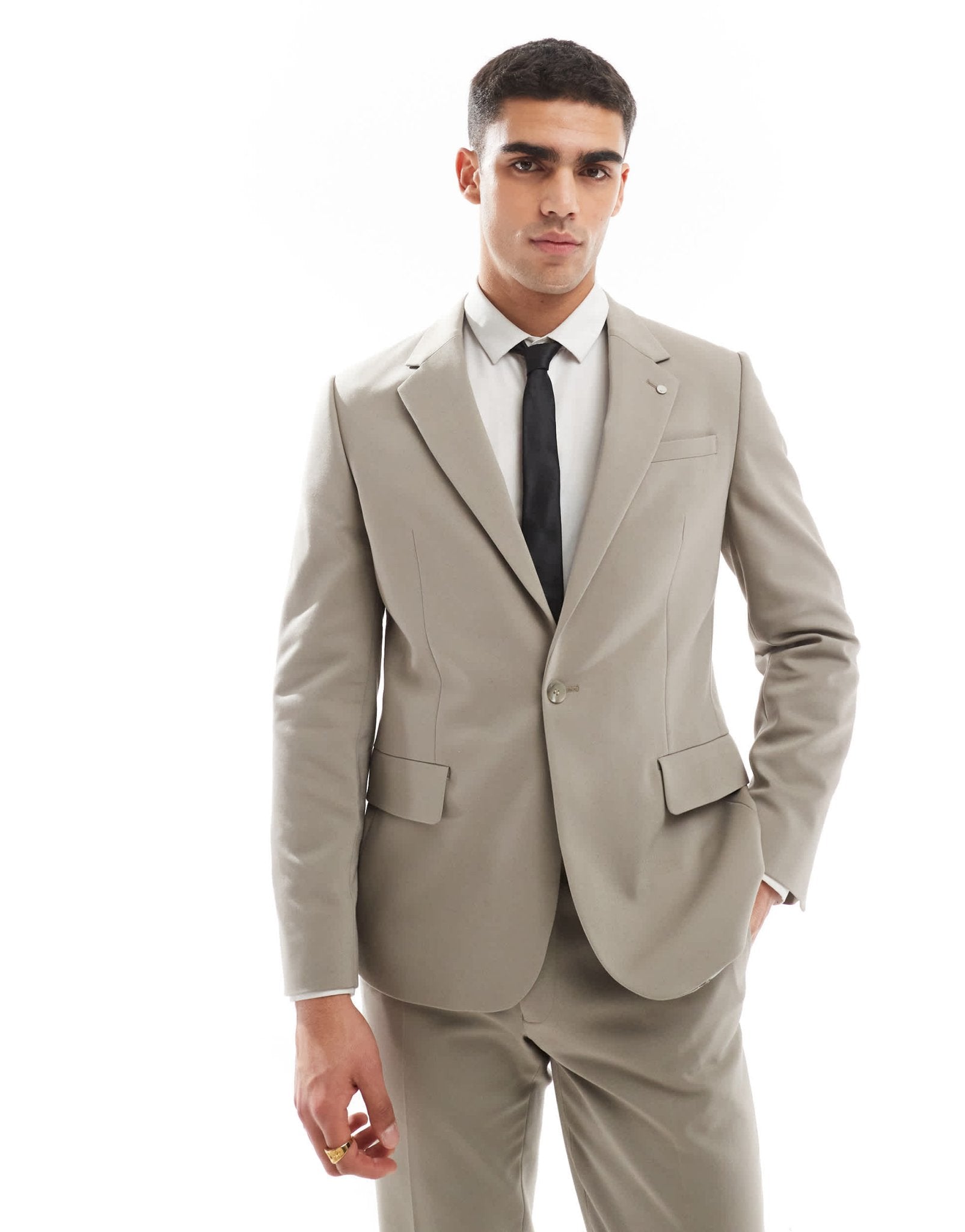 River Island single breasted contemporary suit jacket in beige - ASOS Sample Sale