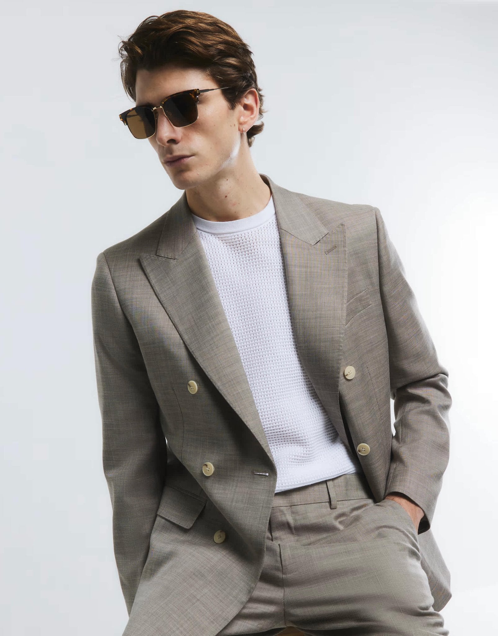 River Island skinny double breasted suit jacket in beige - ASOS Sample Sale