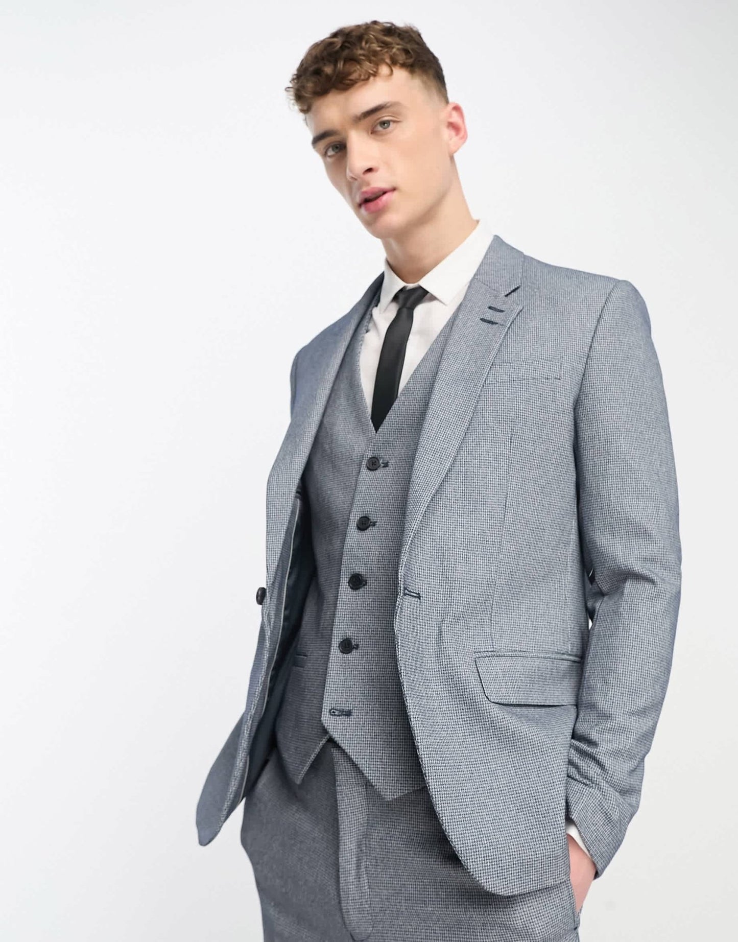River Island skinny houndstooth suit jacket in blue - ASOS Sample Sale