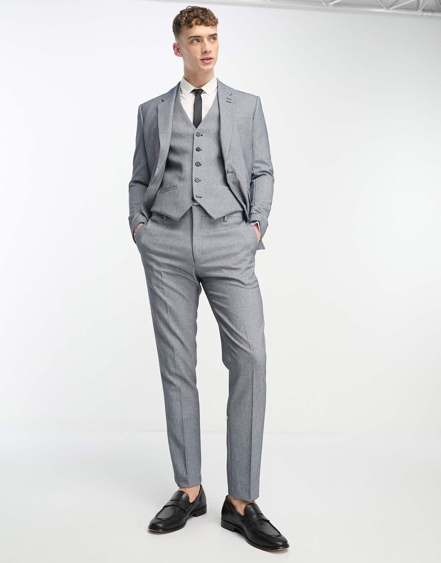 River Island skinny houndstooth suit jacket in blue - ASOS Sample Sale