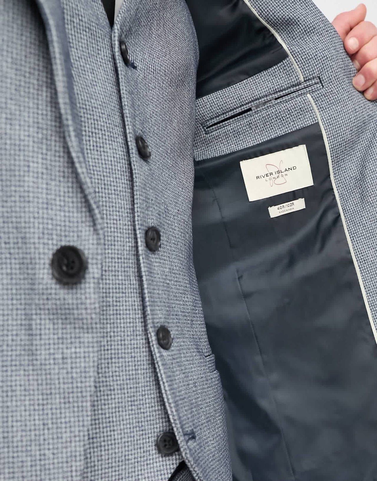 River Island skinny houndstooth suit jacket in blue - ASOS Sample Sale