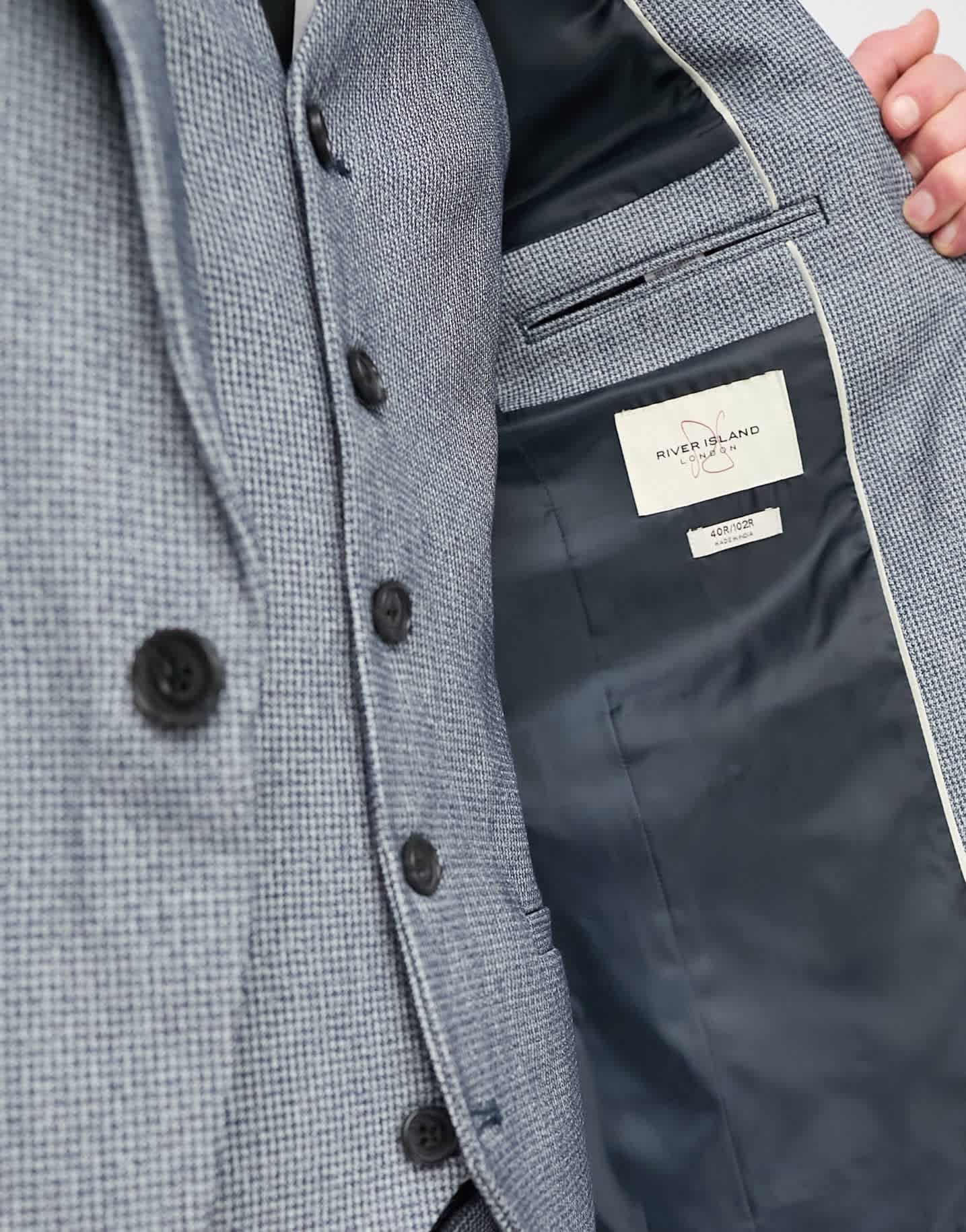 River Island skinny houndstooth suit jacket in blue - ASOS Sample Sale