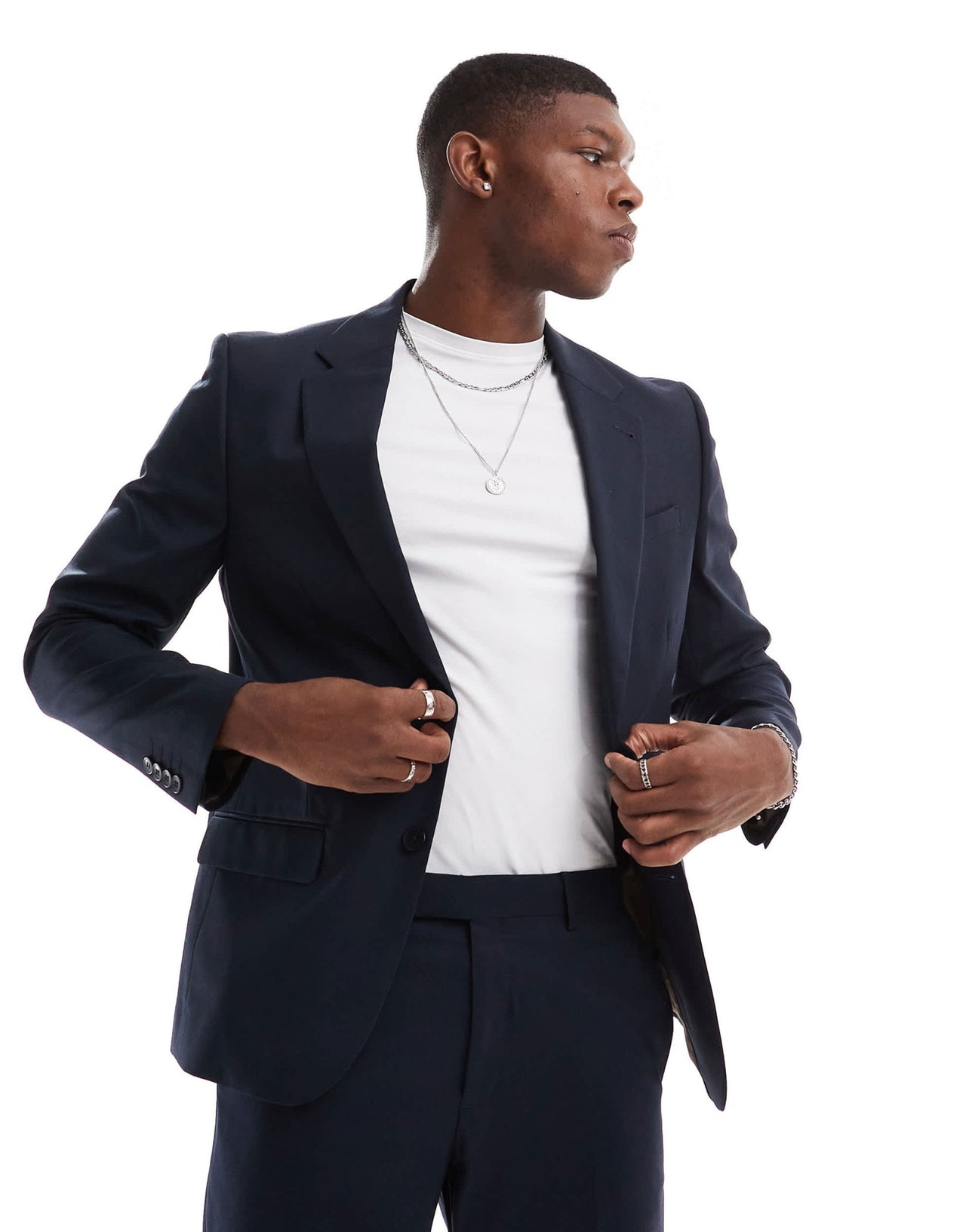River Island skinny suit jacket in navy - ASOS Sample Sale