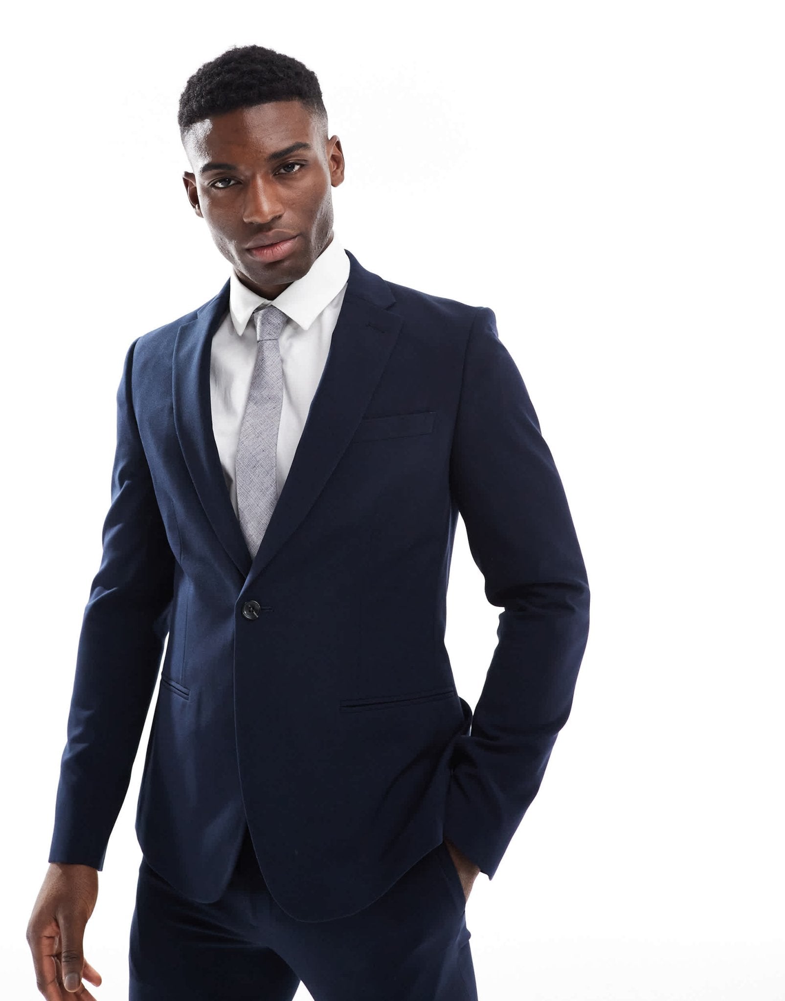 River Island skinny suit jacket in navy - ASOS Sample Sale