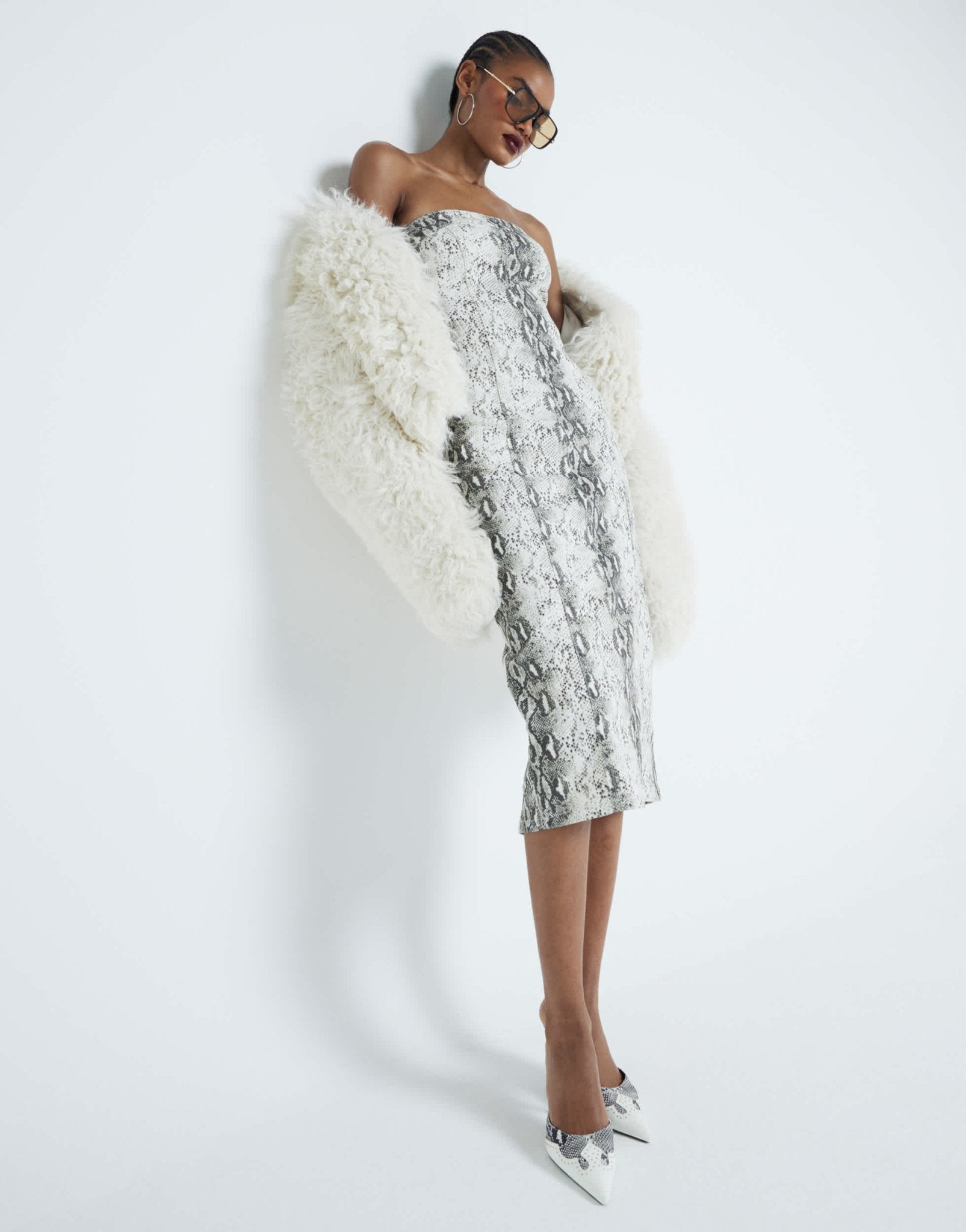 River Island snake print bandeau denim midi dress in beige - ASOS Sample Sale
