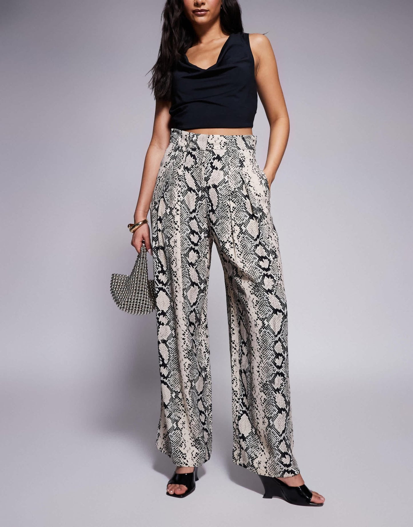 River Island snake print flare trouser in cream - ASOS Sample Sale