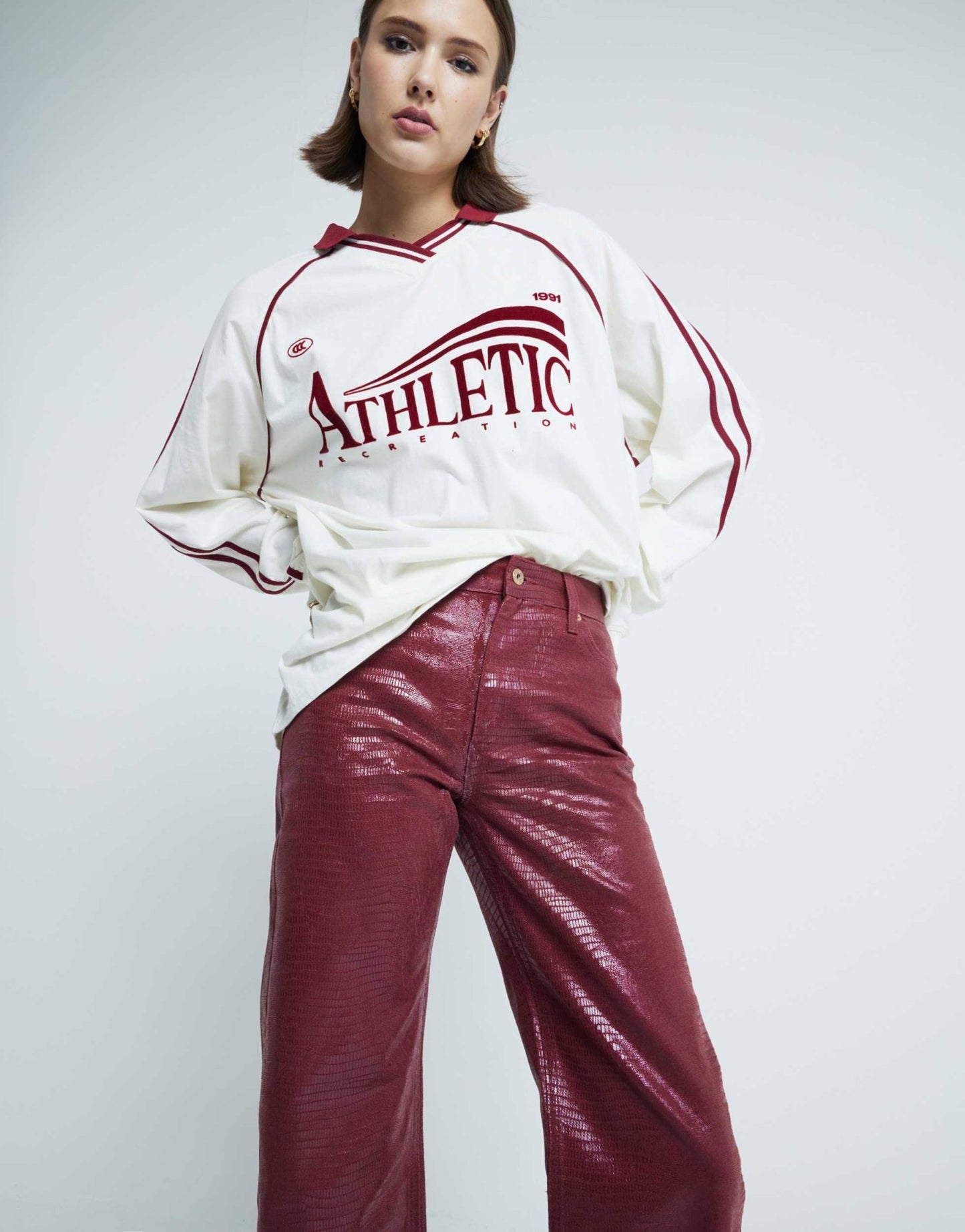 River Island snake relaxed straight jean in burgundy - ASOS Sample Sale