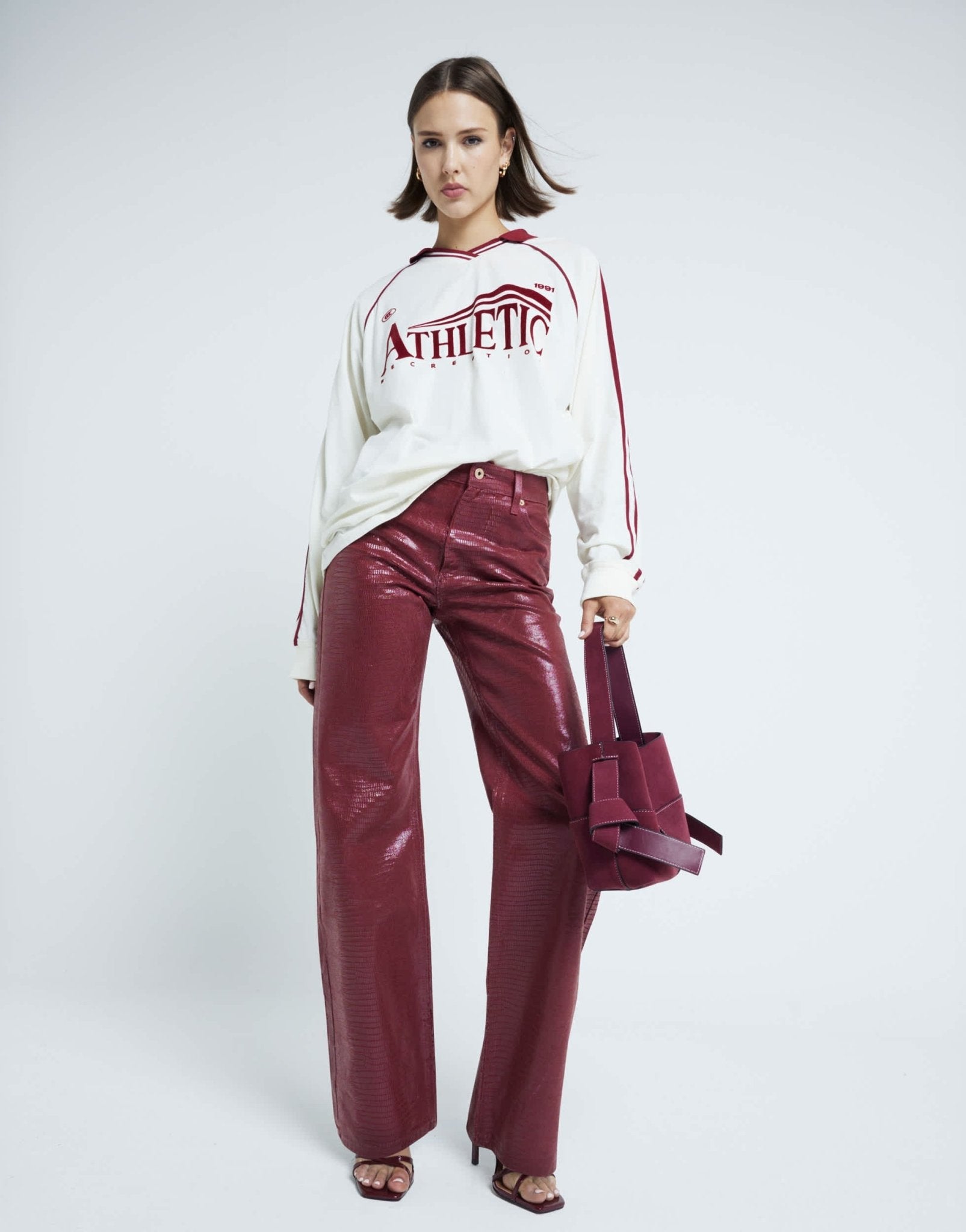 River Island snake relaxed straight jean in burgundy - ASOS Sample Sale