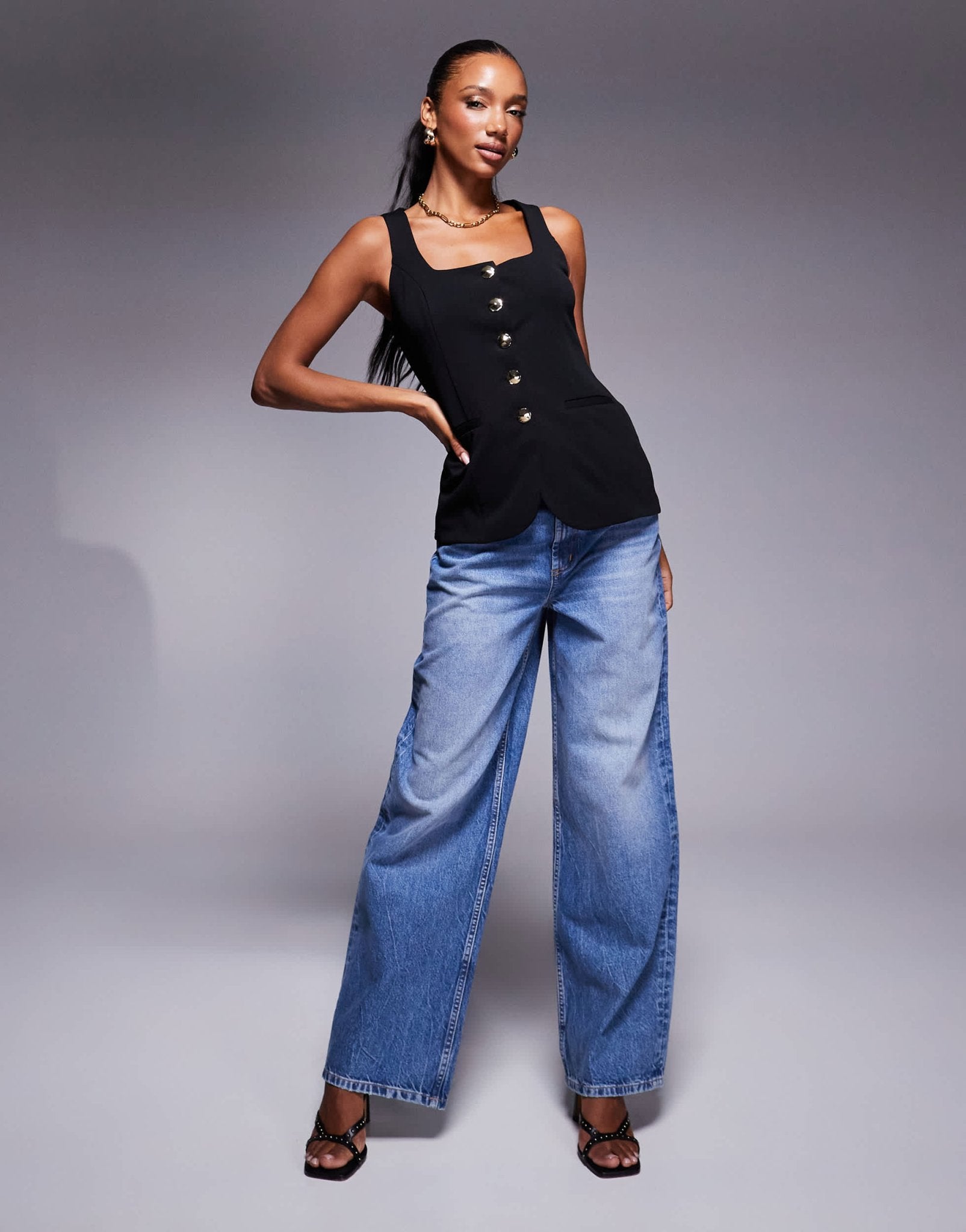 River Island square neck waistcoat in black - ASOS Sample Sale
