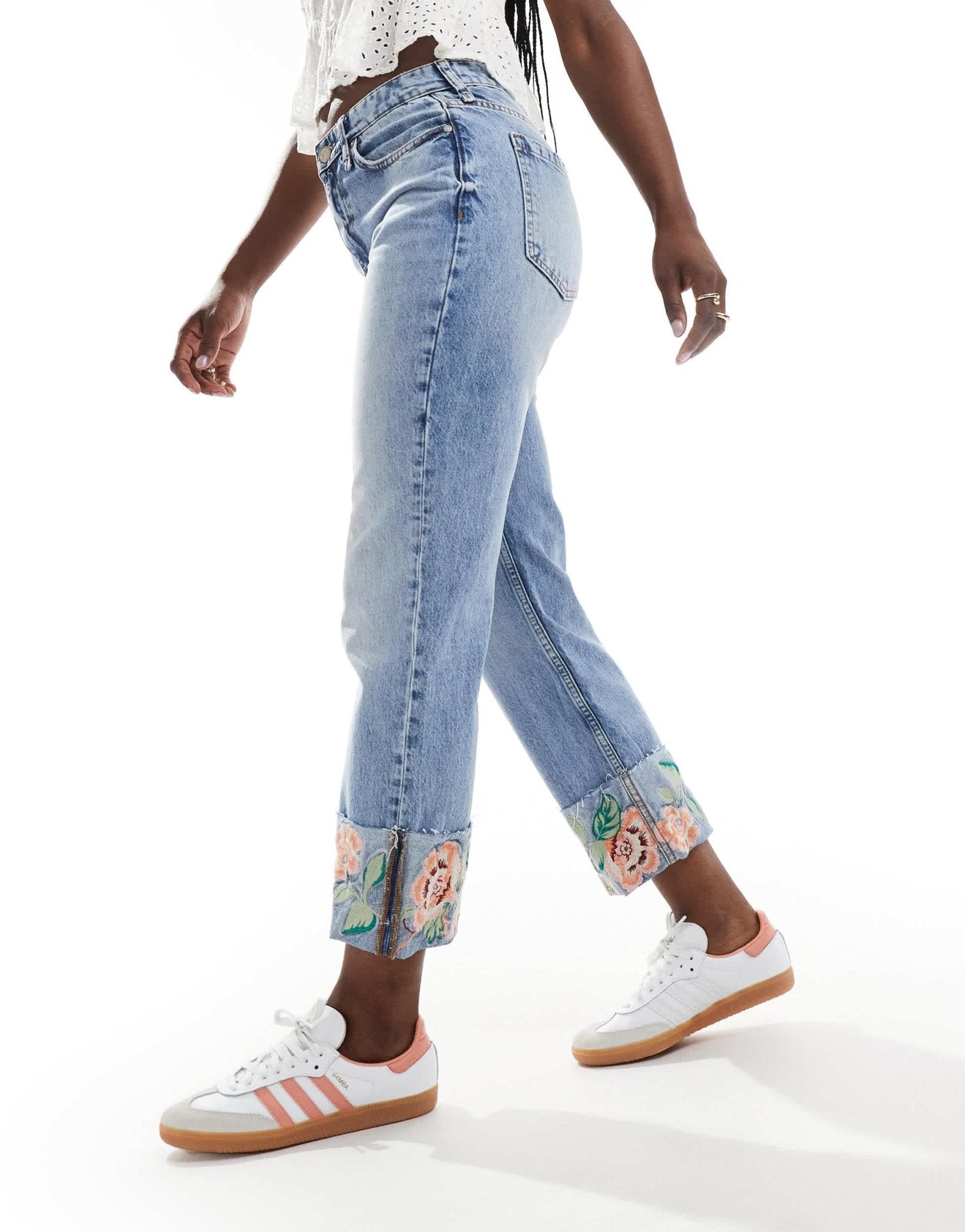River Island straight jean with embroidered hem in midwash blue - ASOS Sample Sale