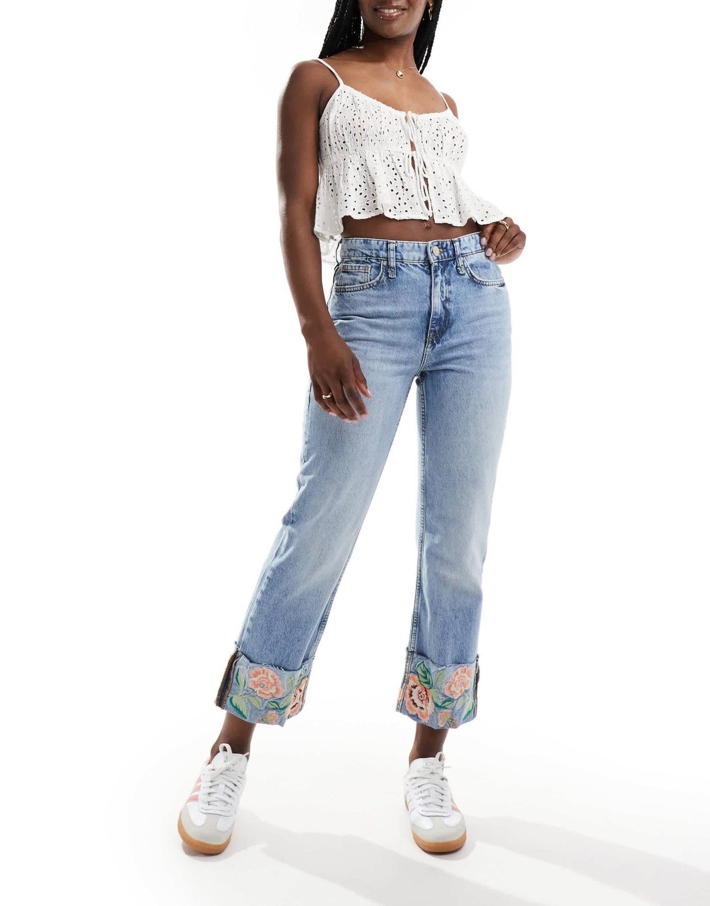 River Island straight jean with embroidered hem in midwash blue - ASOS Sample Sale