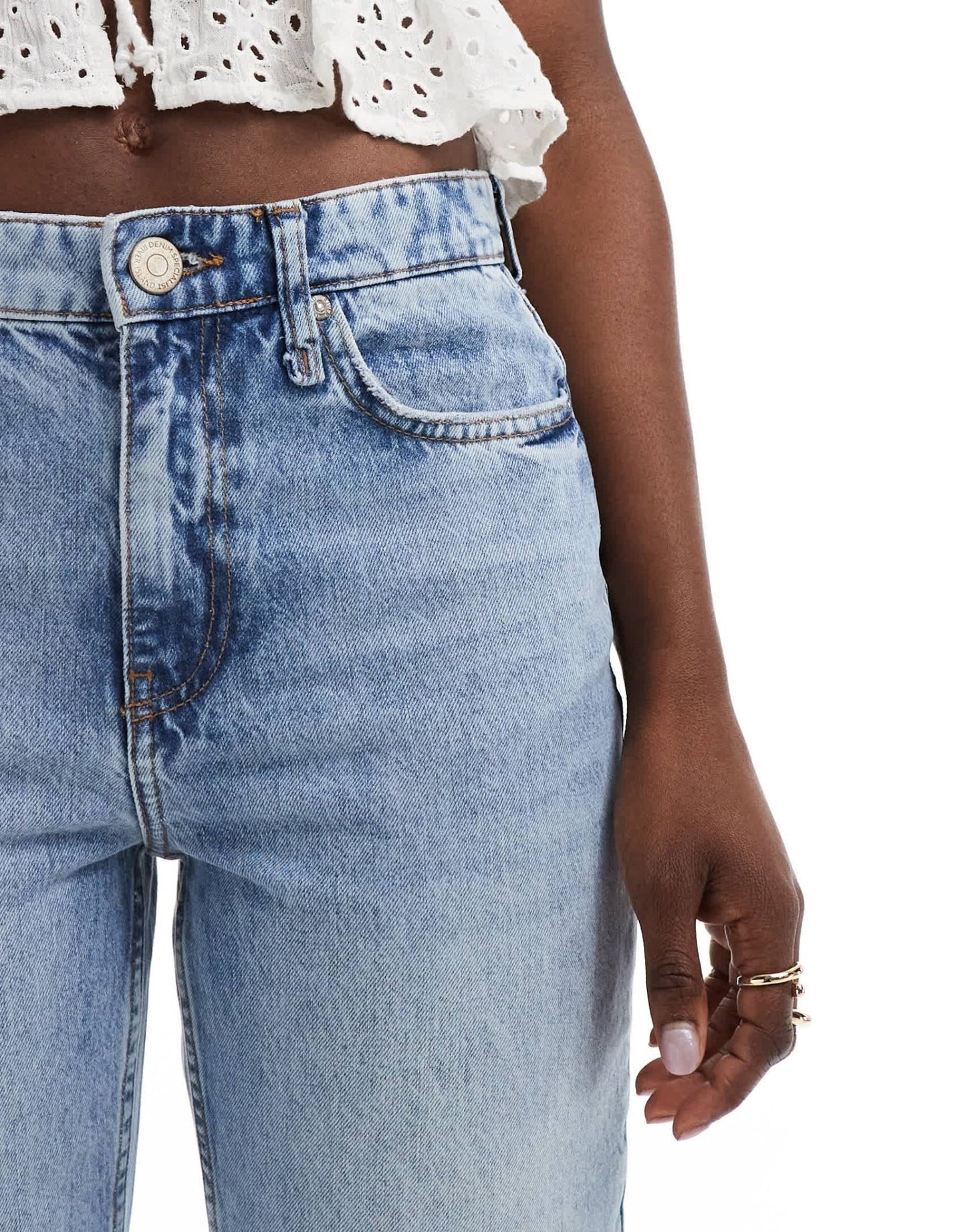 River Island straight jean with embroidered hem in midwash blue - ASOS Sample Sale